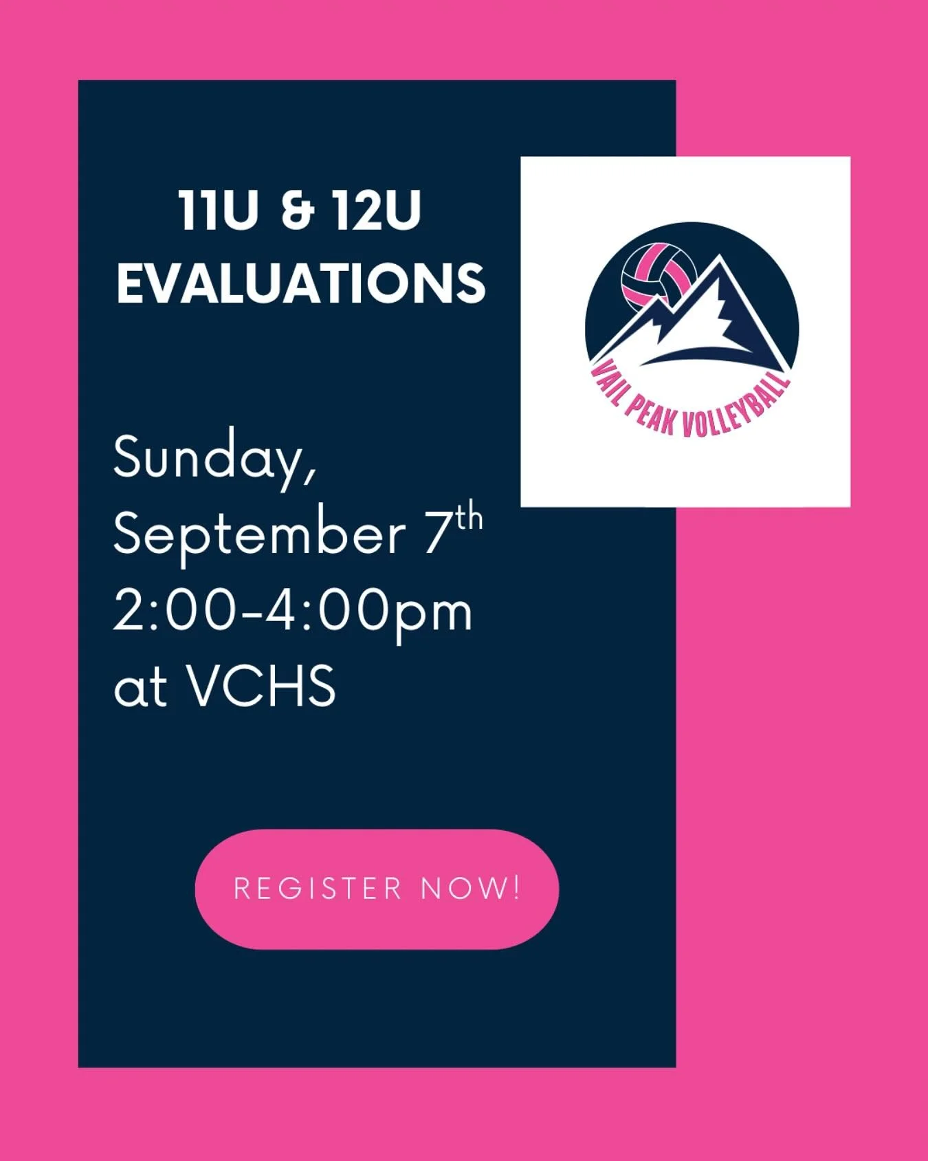 🏐 Evaluations are OPEN! 🏐
Registration is now open for Vail Peak Volleyball Club 11U &amp; 12U!
We would love to see your athlete there for a chance to earn a spot of one of our Vail Peak teams! 

registration links are in our bio or at www.vailpea