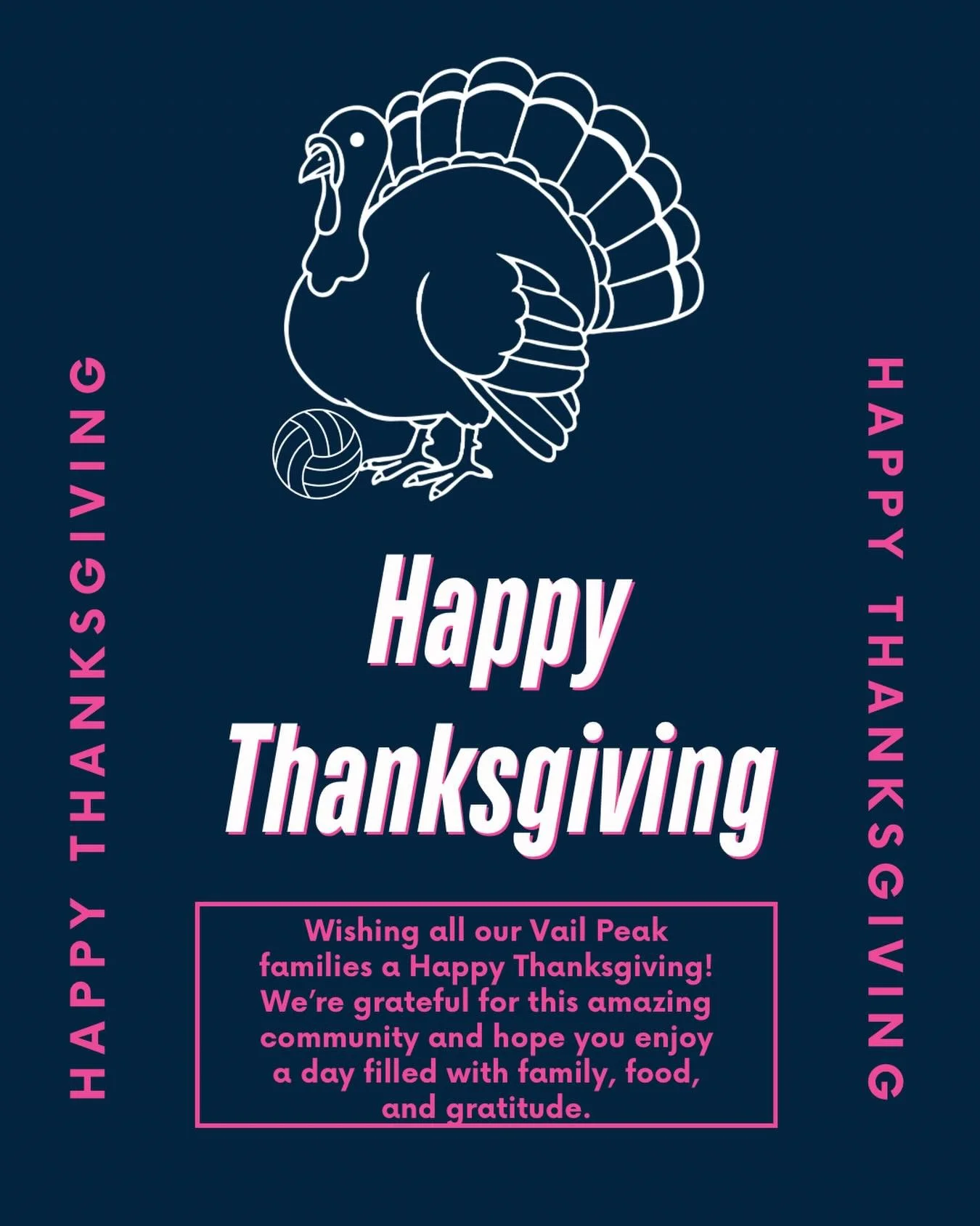 🦃 Happy Thanksgiving from Vail Peak Volleyball Club!
We&rsquo;re feeling extra grateful for our amazing athletes, supportive families, and dedicated coaches. You&rsquo;re the heart of our Vail Peak family!
A quick reminder that there is no practice 