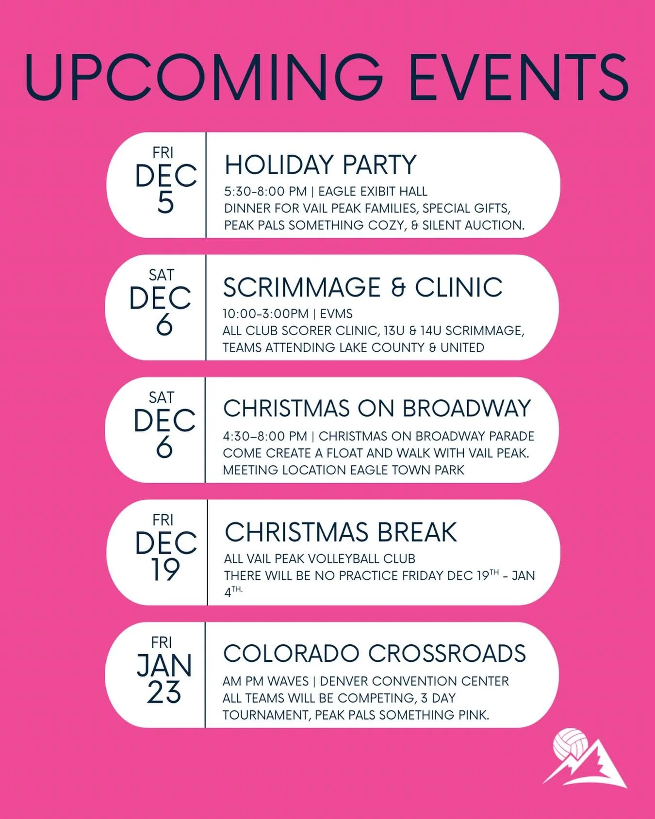 We have a busy and exciting week ahead with Vail Peak Volleyball! 
🏐
We&rsquo;re looking forward to our annual Holiday Party and the Christmas on Broadway Parade. 🎄

Our athletes will be learning at the scorer clinic, and a few of our teams will be