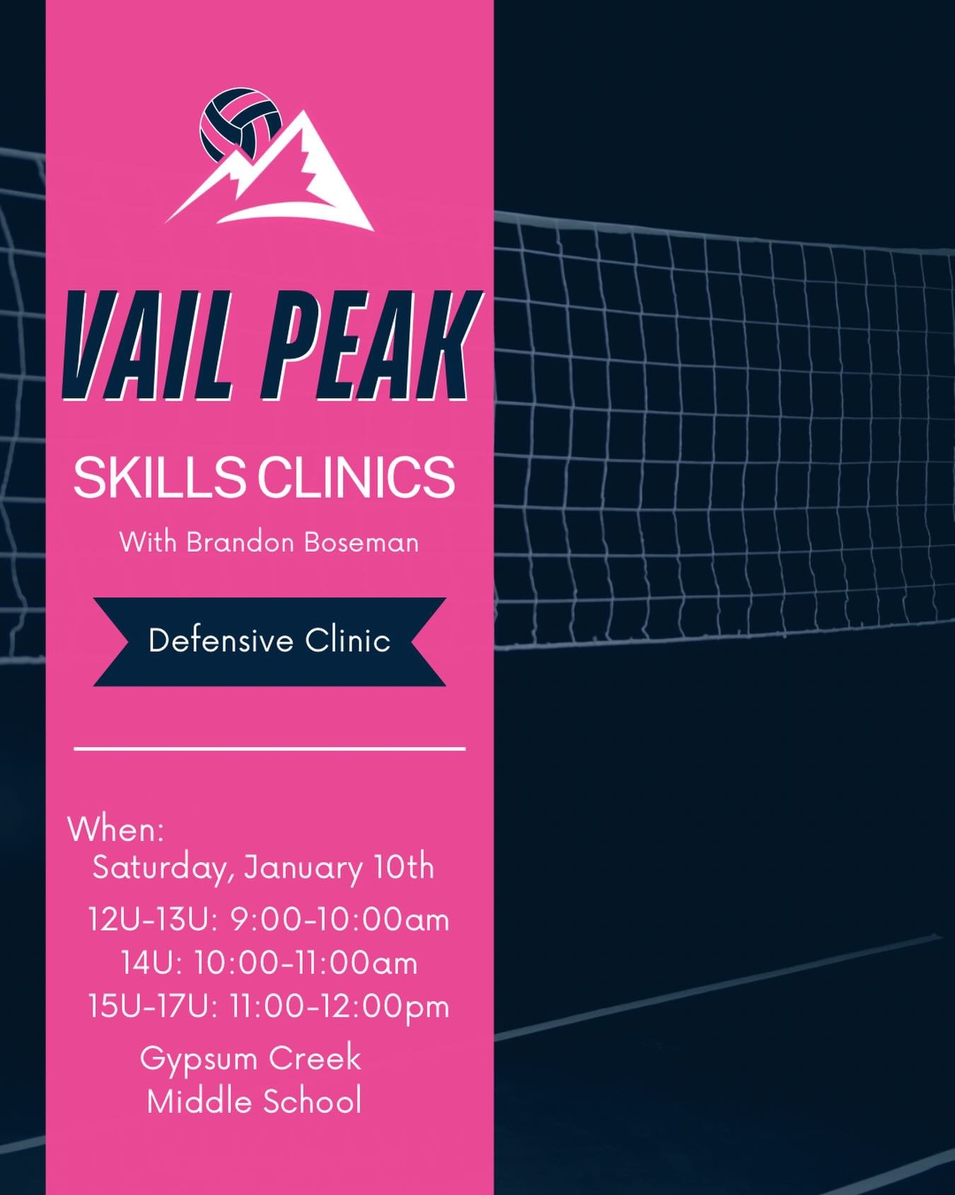 Vail Peak Defensive Skills Clinic:
Vail Peak Athletes! Come join us for our Defensive Skills Clinic focused on reading the game, quick reactions, and strong court defense.

Please arrive 15 minutes early
Be warmed up and ready to hit the court at you
