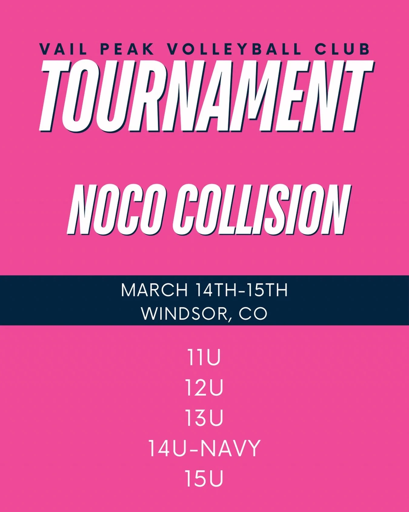 Our teams are headed to Windsor, CO this weekend to compete in the NOCO Collision Tournament! 🏐

Our 11U, 12U, 13U, 14U Navy, and 15U teams will all be there&mdash;cheering each other on and competing. It&rsquo;s always fun when so many of our teams