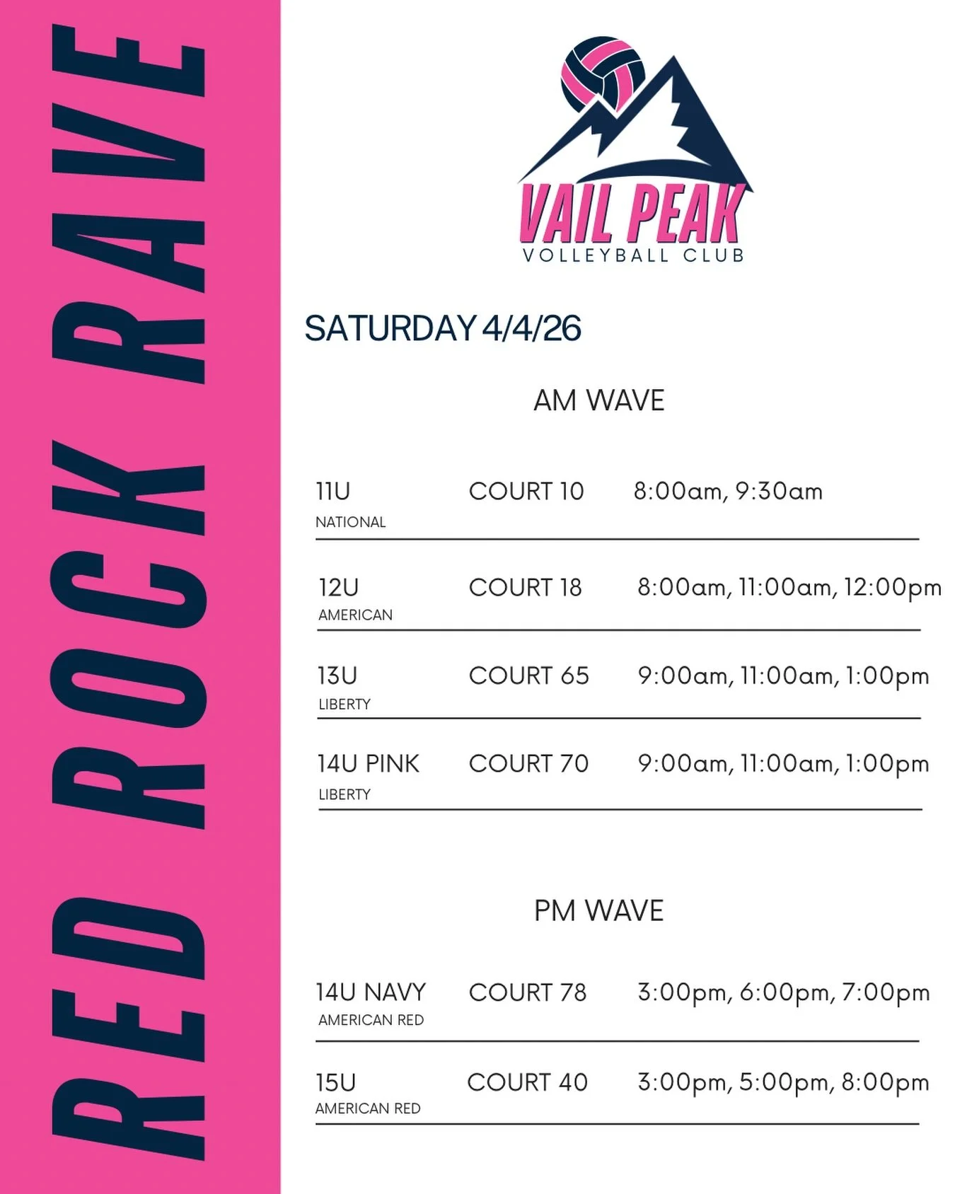 Today&rsquo;s schedule at Red Rock Rave is 🔥

We&rsquo;ve got our teams in action&mdash;check out our game times and court numbers and come ready to bring the energy!

There&rsquo;s nothing better than being here together as a club, supporting each 