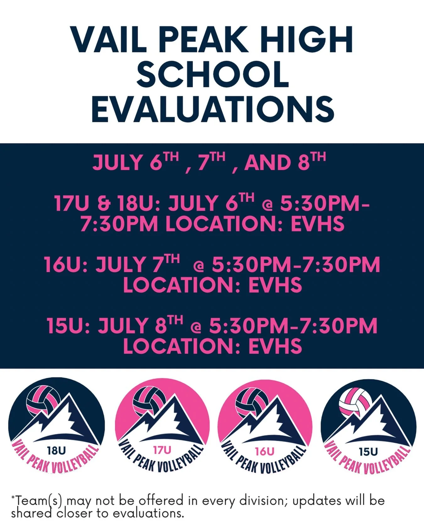 Evaluation dates for Vail Peak are here&mdash;save the dates! 

These evaluations are for high school athletes (15U&ndash;18U).

📌 Evaluation Schedule:
&bull; 15U &ndash; July 8th
&bull; 16U &ndash; July 7th
&bull; 17U &amp; 18U &ndash; July 6th

Pl