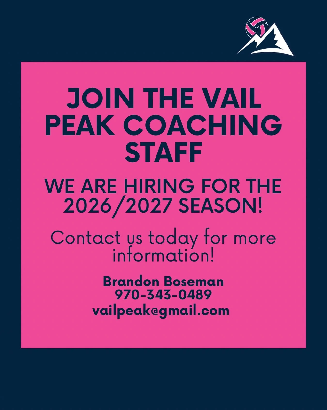 WE&rsquo;RE HIRING FOR 2026-2027!

Do you love volleyball, mentoring athletes, and being part of an amazing club culture?

Vail Peak Volleyball is looking for passionate Head Coaches and Assistant Coaches to join our team for the 2026-2027 season!

W
