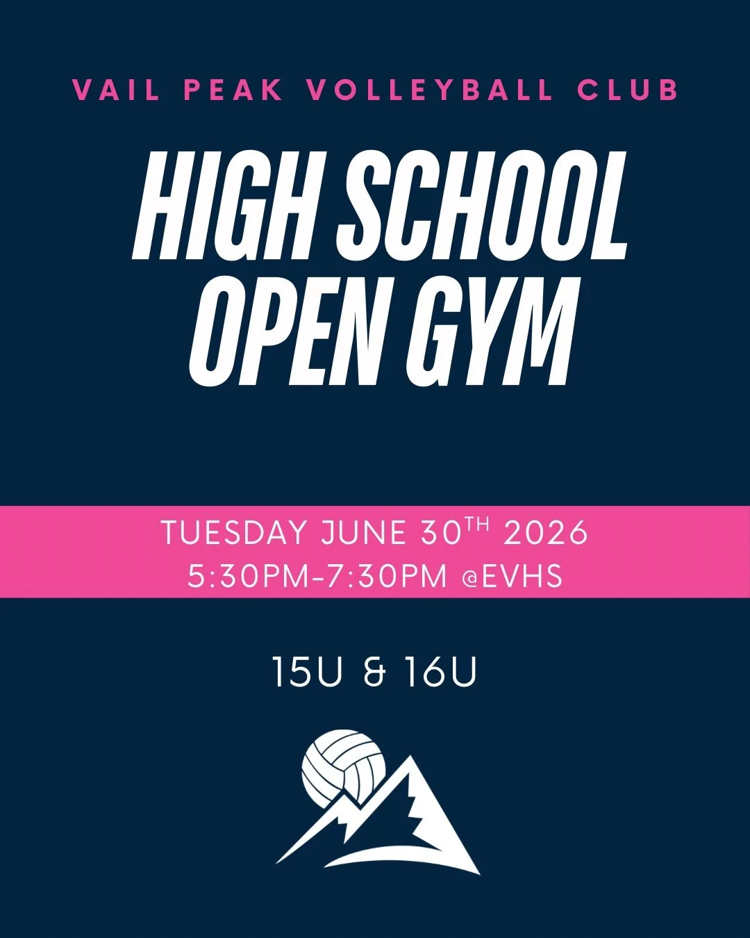 High School Open Gym &amp; Parent Information Meeting

Athletes interested in our 15U and 16U teams for the upcoming club season are invited to attend our open gym and parent meeting.

Tuesday, June 30th 
at Eagle Valley High School

Parent Informati