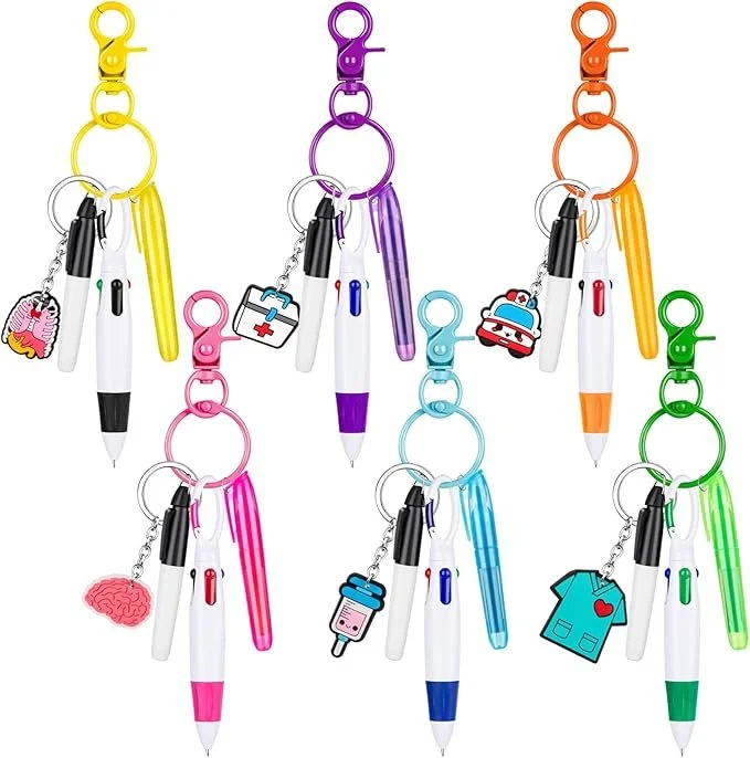 30 Pieces Mini Highlighter Nurse Pens for Badge Reel Pen Include 6 Tip Highlighter 6 Permanent Marker Pen and 6 Retractable Ball Pen with 6 Nursing Keychain Clip Nurses' Day Gift