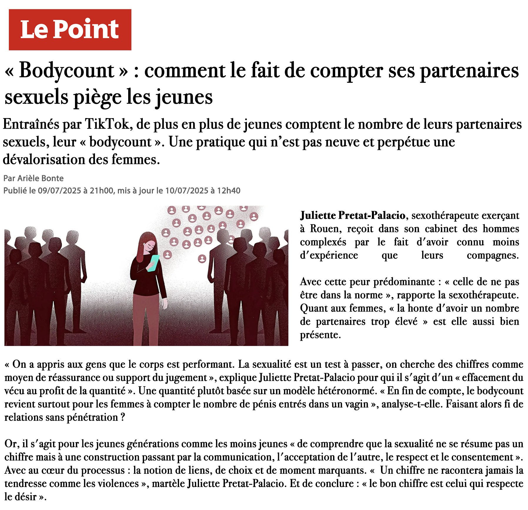 Carte presse du site de la sexothérapeute Juliette Pretat-Palacio présentant son intervention dans un article du magazine Le Point sur le « bodycount », le fait de compter ses partenaires sexuels chez les jeunes.