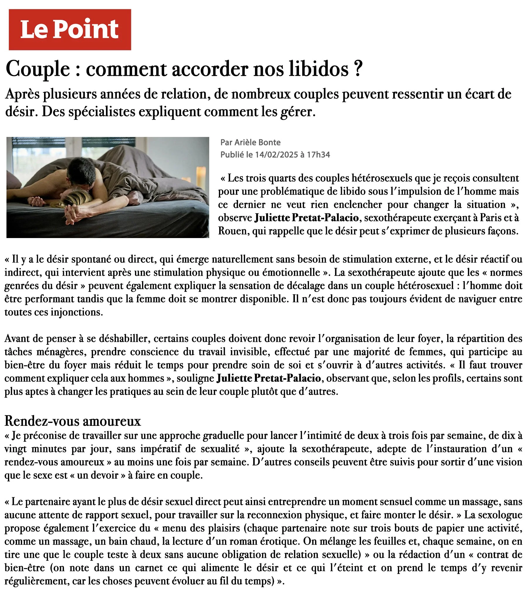 Carte presse du site de la sexothérapeute Juliette Pretat-Palacio présentant son intervention dans un article du magazine Le Point sur comment accorder les libidos.