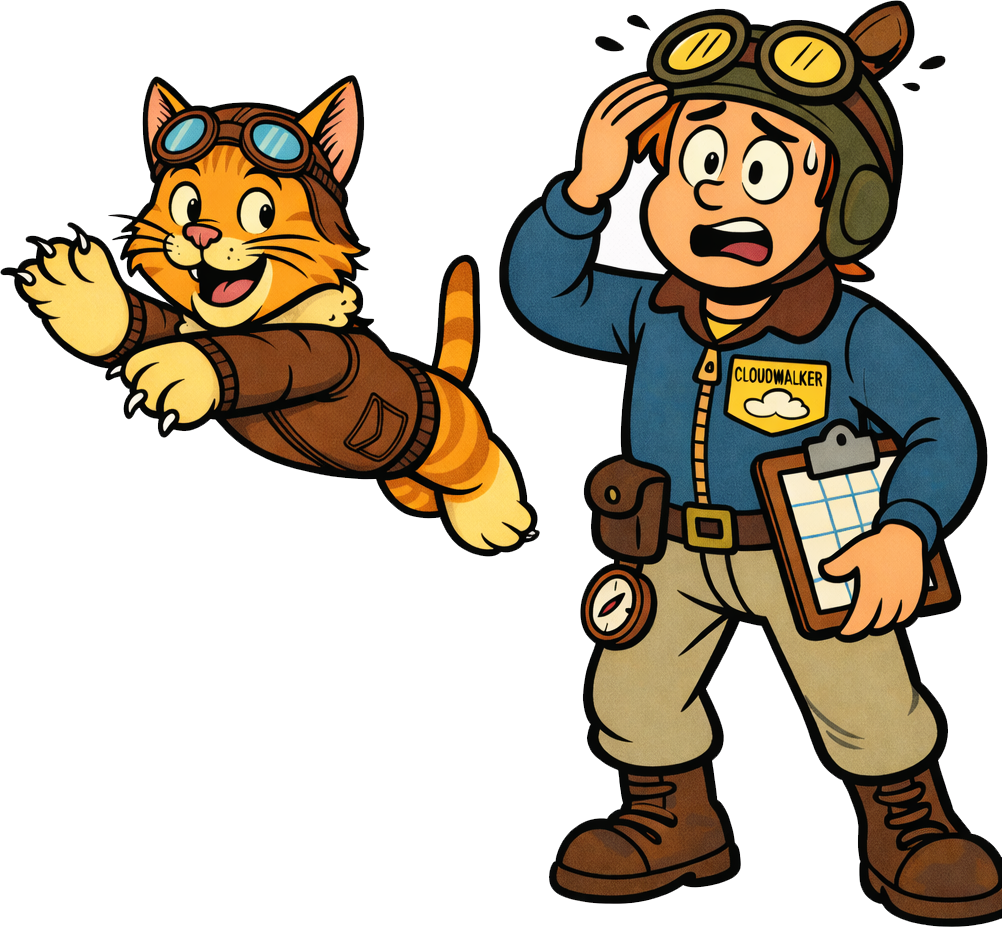 Illustration of a cat dressed as an aviator next to a man looking stressed. There is sweat on his brow.