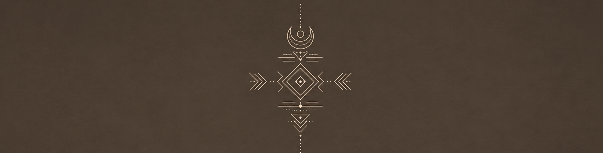 Centered geometric design with lines, arrows, and circles on a brown background.