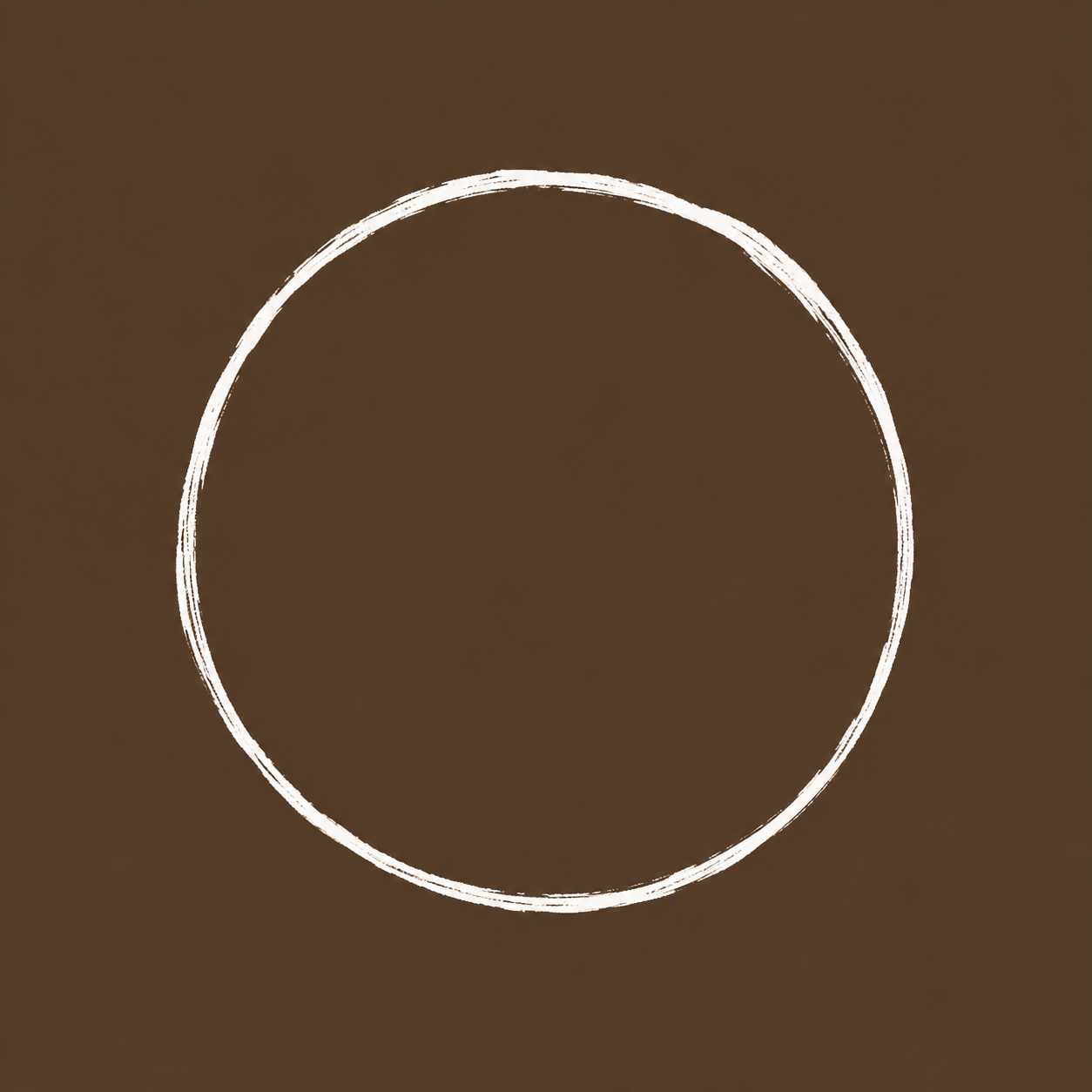 A white circle with a textured brushstroke appearance on a brown background.