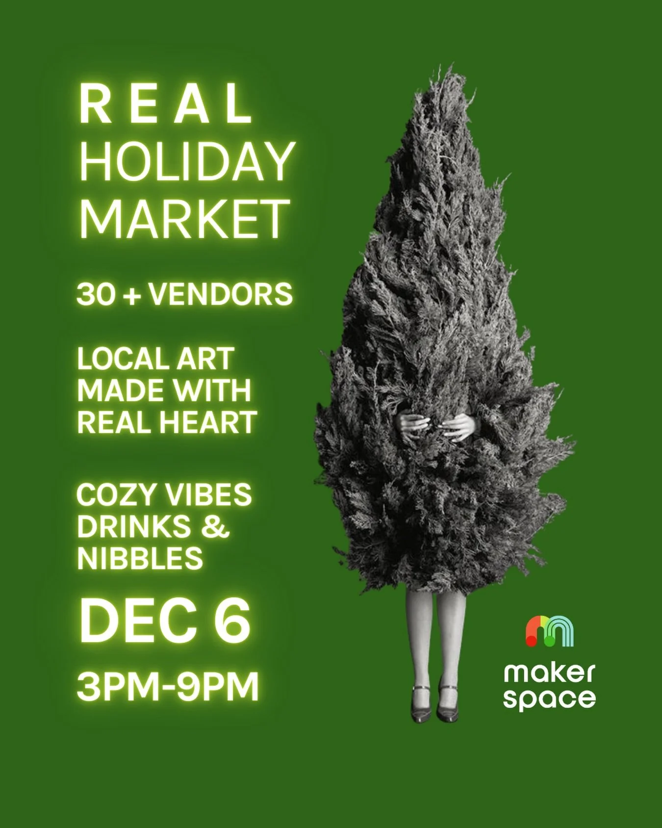 🎄5 sleeps until our real. Holiday Market here at Makerspace! 

Join us on Saturday 6 December from 3pm to 9pm for cozy vibes, food, drink and most importantly, beautiful local art and craft made by local makers with real heart.

Stay tuned for our t