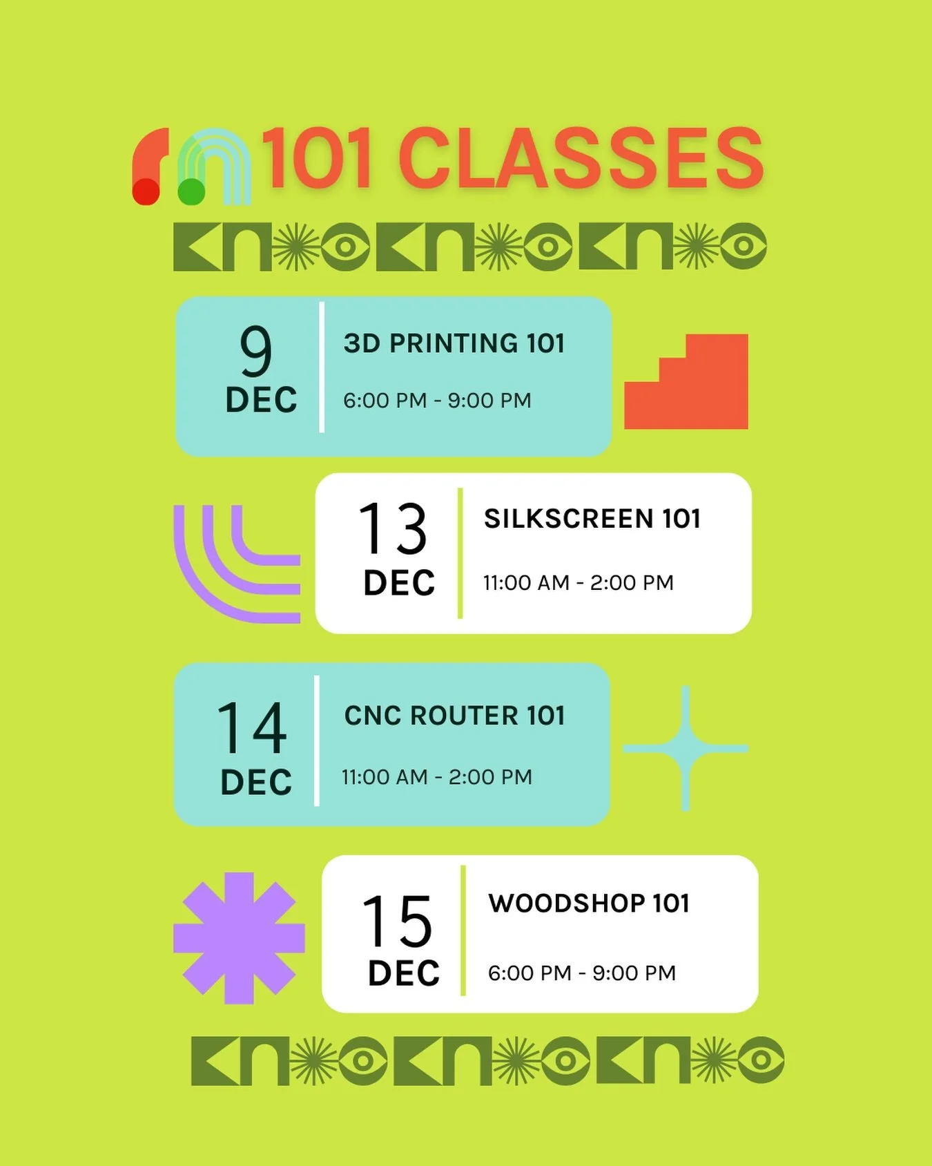 🛠We have a stack of 101 classes coming up! Spots left in 3D Printing 101, Silkscreen Printing 101, CNC Router 101 and Woodshop 101 in December.

These are the last 101 classes to learn the know-how on these tools before we say goodbye to 2025. There