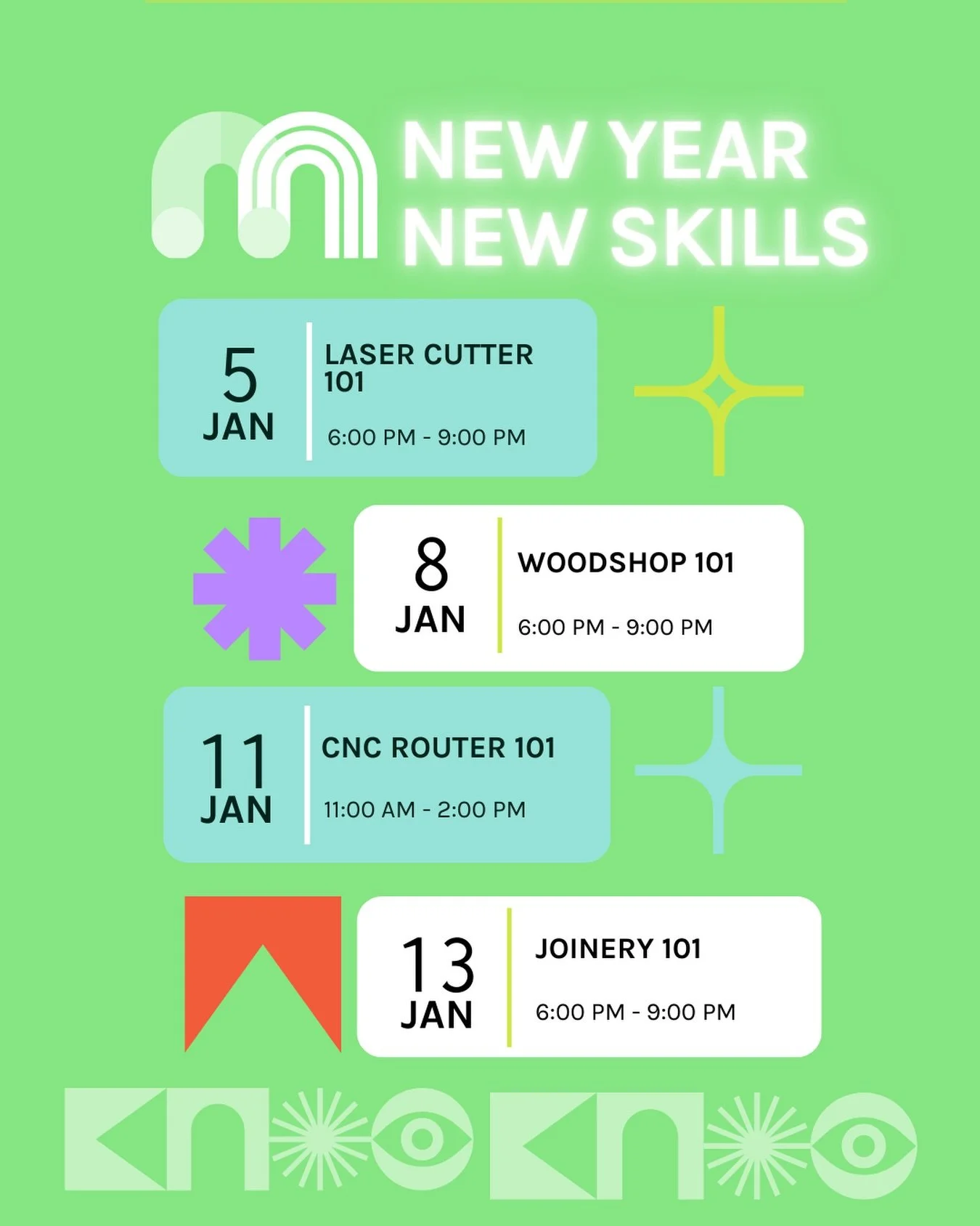 New year, new projects? Kick off 2026 by learning the tools and techniques to bring your ideas to life. 

We have spots left in these 101 beginner-friendly classes to get you started: 

✨ Laser Cutter 101: Jan 5
Learn the basics of laser cutting and 