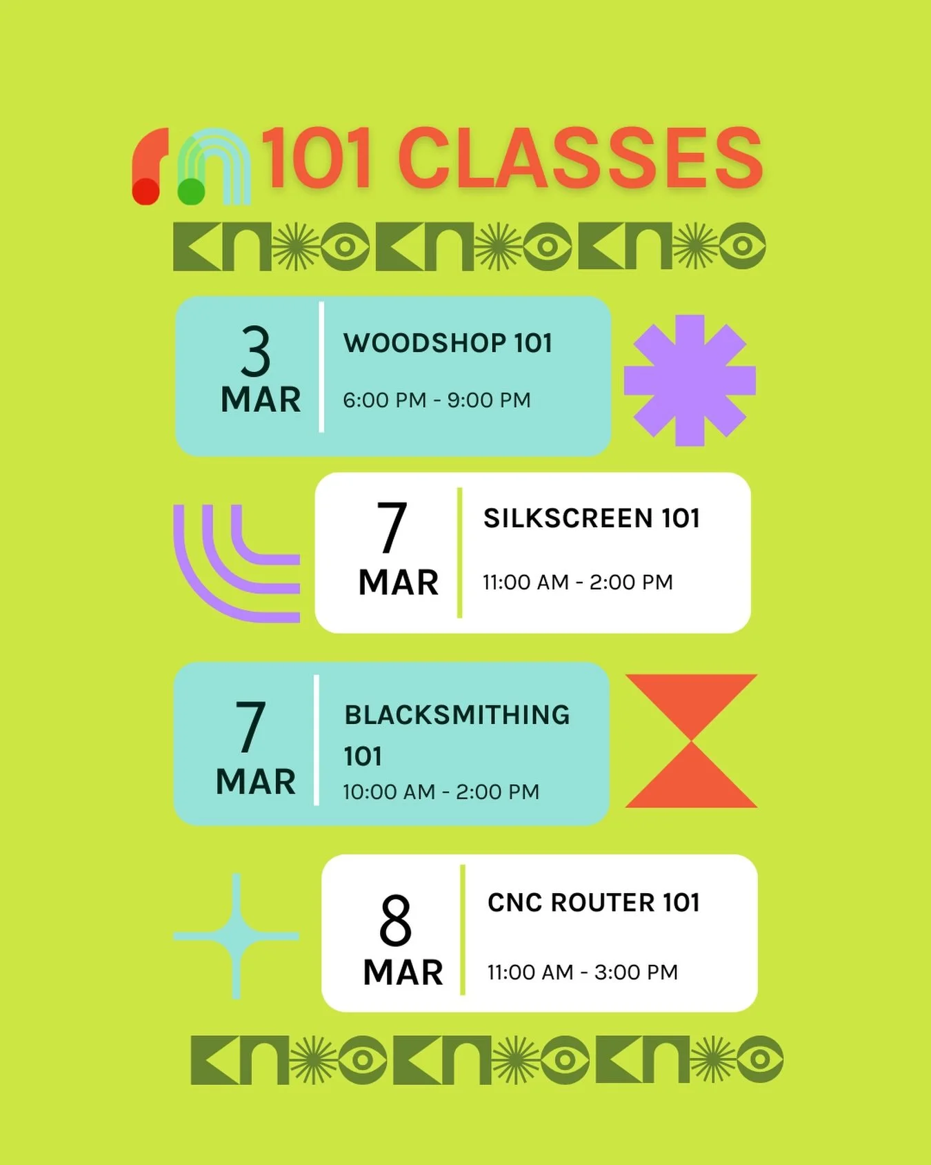 New month. New skills. 🔥 We have spots available in these upcoming 101 classes:

Woodshop 101: March 3, 6 - 9pm
Silkscreen Printing 101: March 7, 11am - 2pm
Blacksmithing 101: March 7, 10am - 2pm
CNC Router 101: March 8, 11am - 3pm

Once you complet