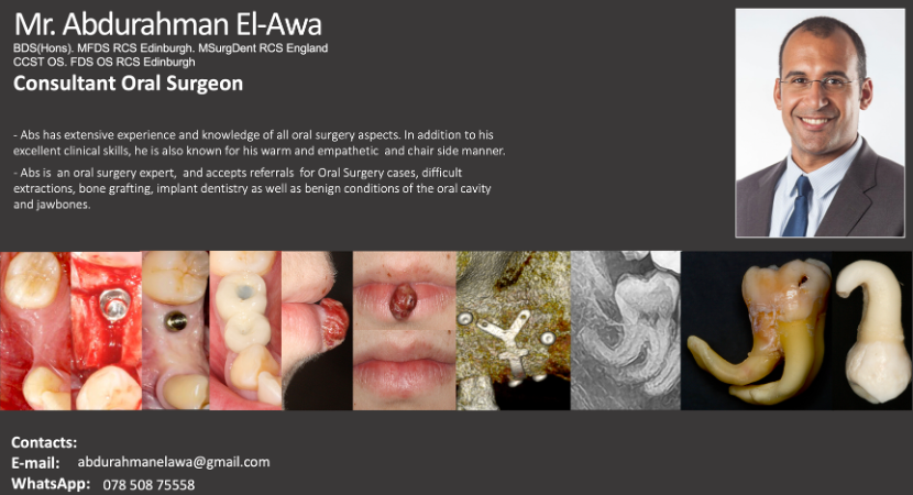 Business card for Mr. Abdurahman El-Awa, a consultant oral surgeon. The card includes a professional headshot, contact information, and a series of images of dental procedures and oral health.
