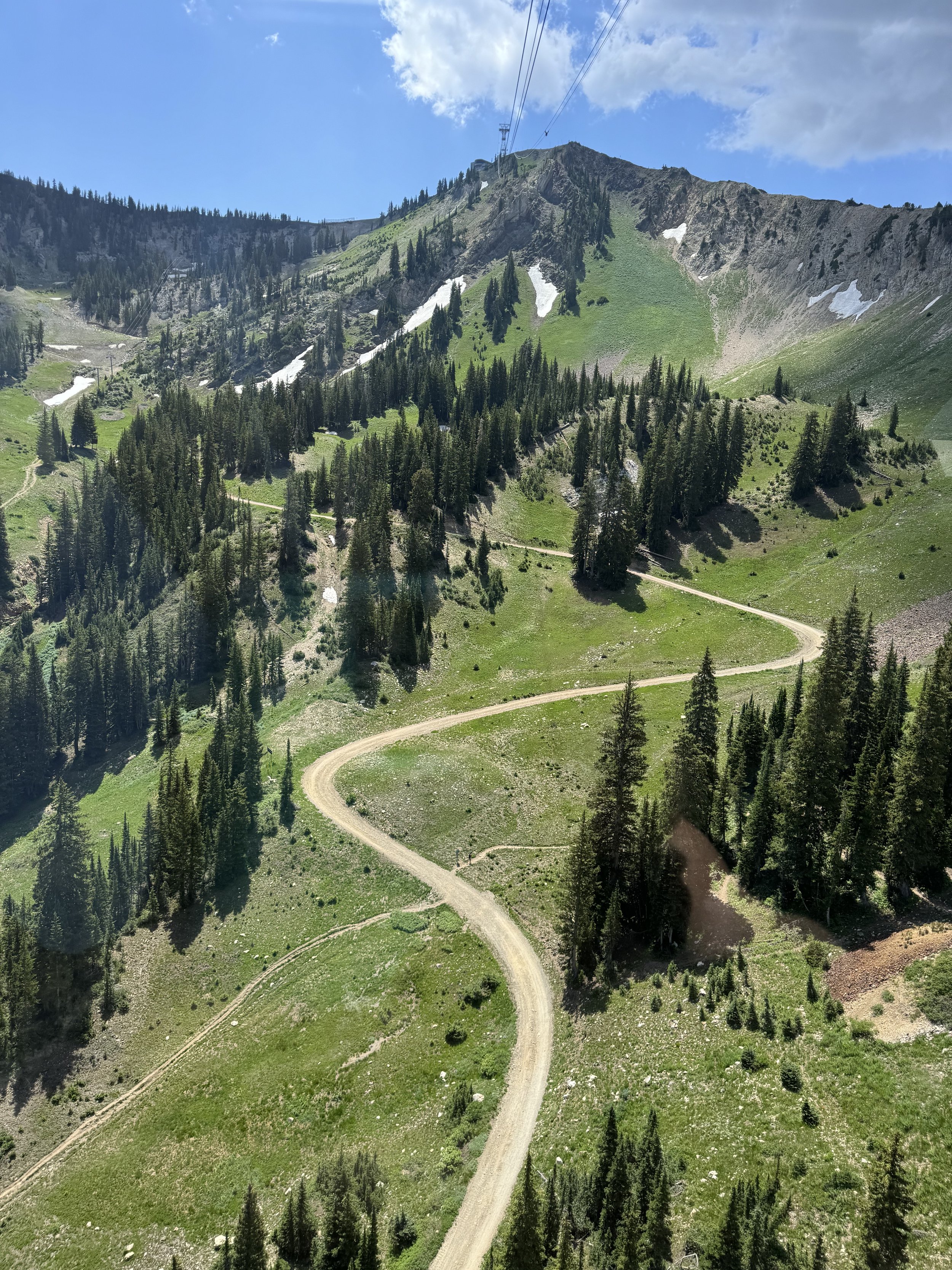 A winding dirt path leads through a lush, mountainous landscape with scattered trees and snow patches.