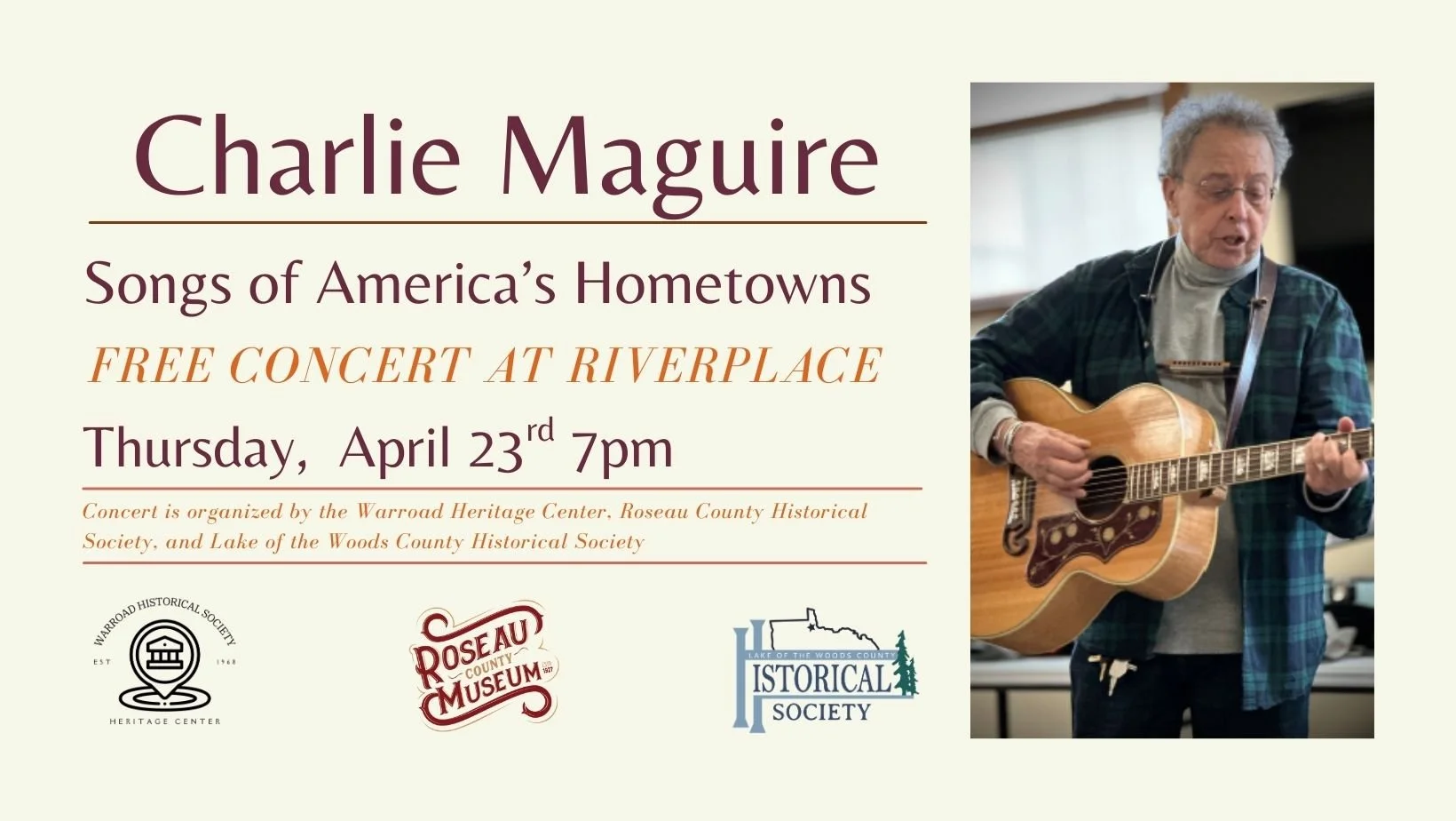 a photo of musician Charlie Maguire playing guitar with text details about the concert