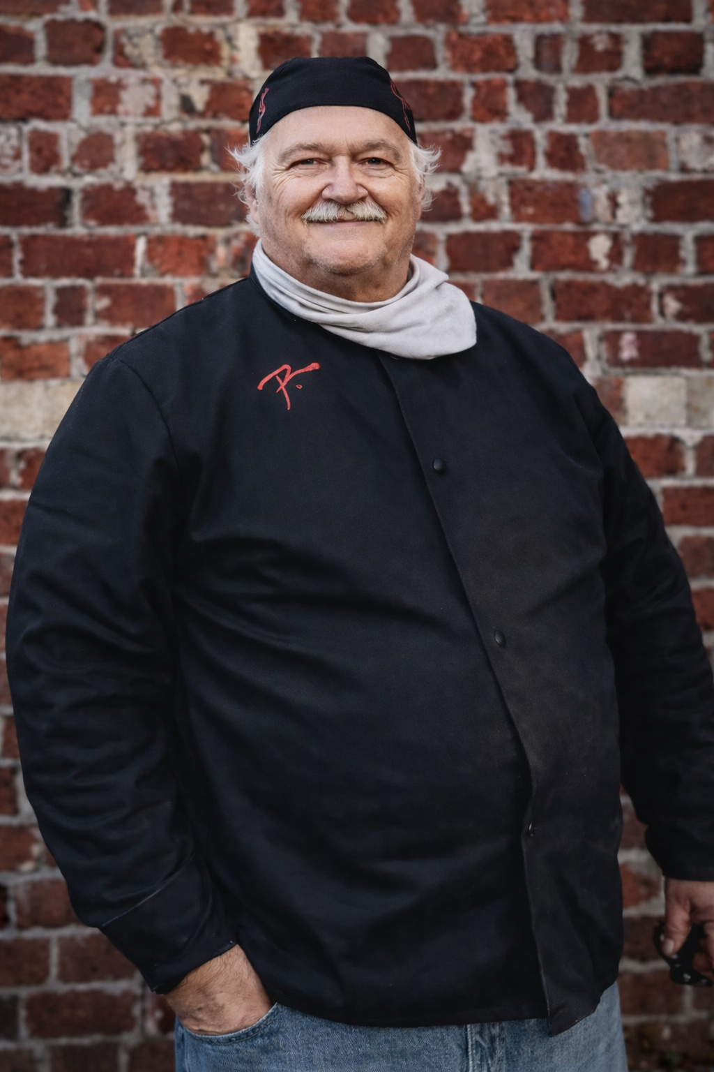a photo of ceramic artist Robin Foster standing in front of a brick wall
