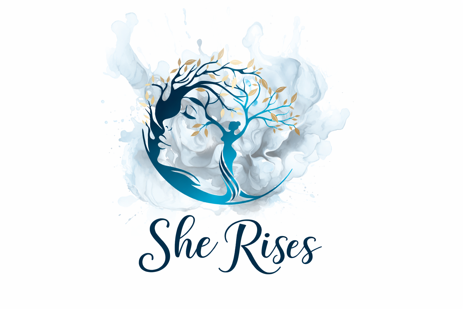 She Rises emblem with golden leaves and a woman's face