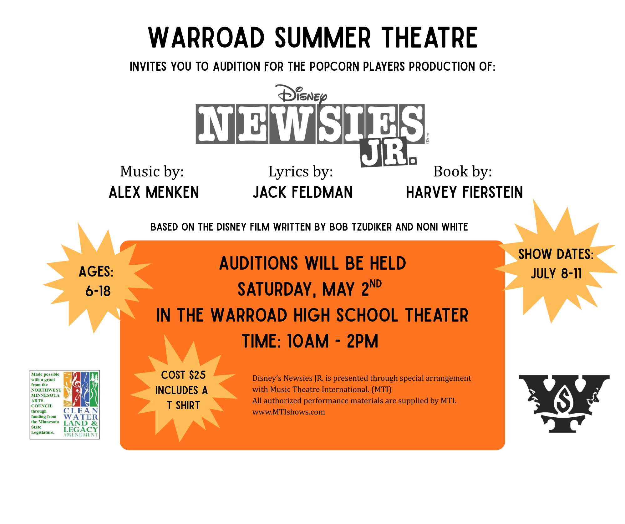 Auditions: Warroad Summer Theatre's Popcorn Player Production of Disney’s Newsie's Jr.