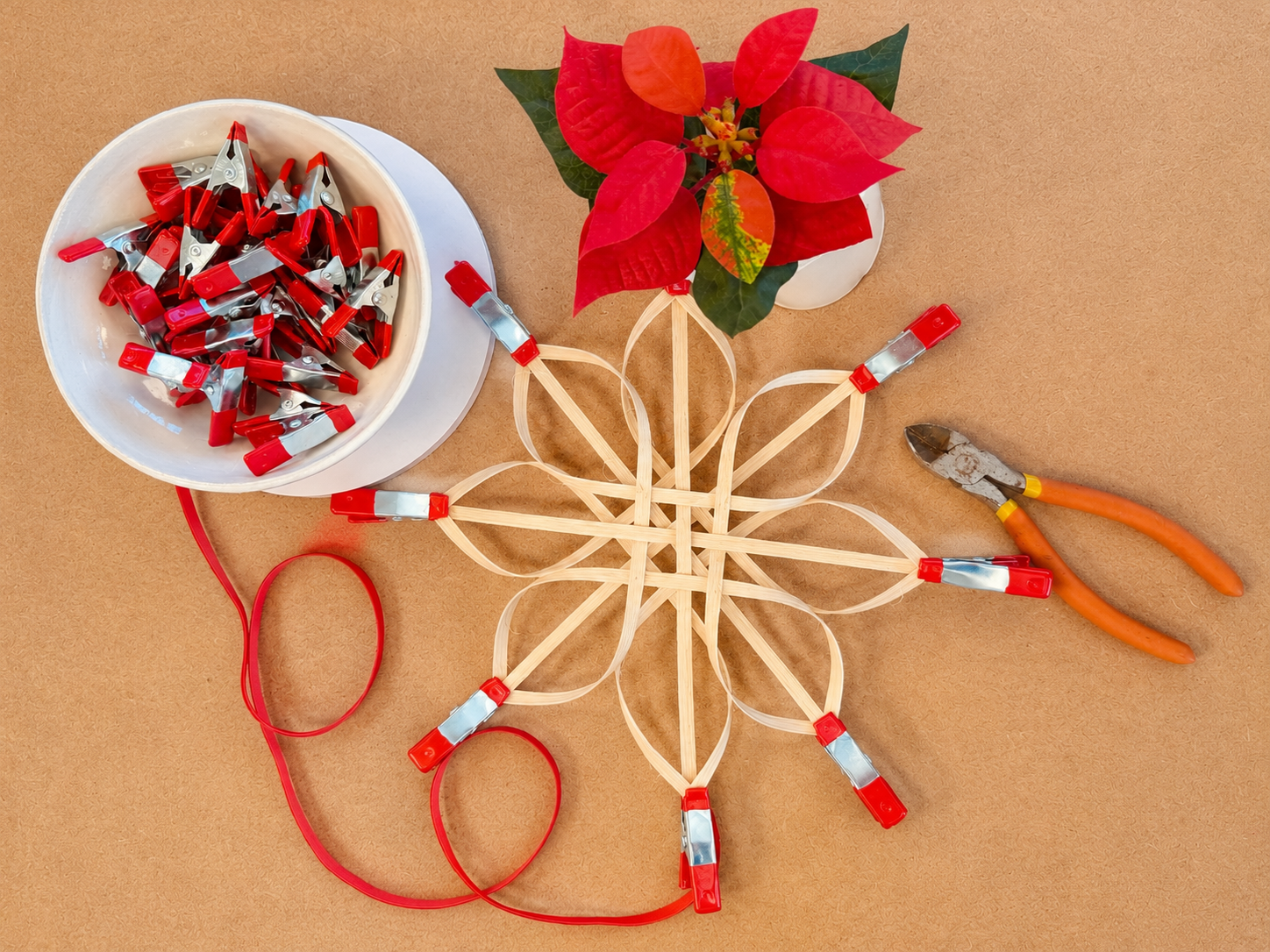 a photo of a snowflake craft next to red clamps, red poinsettia plant and red string
