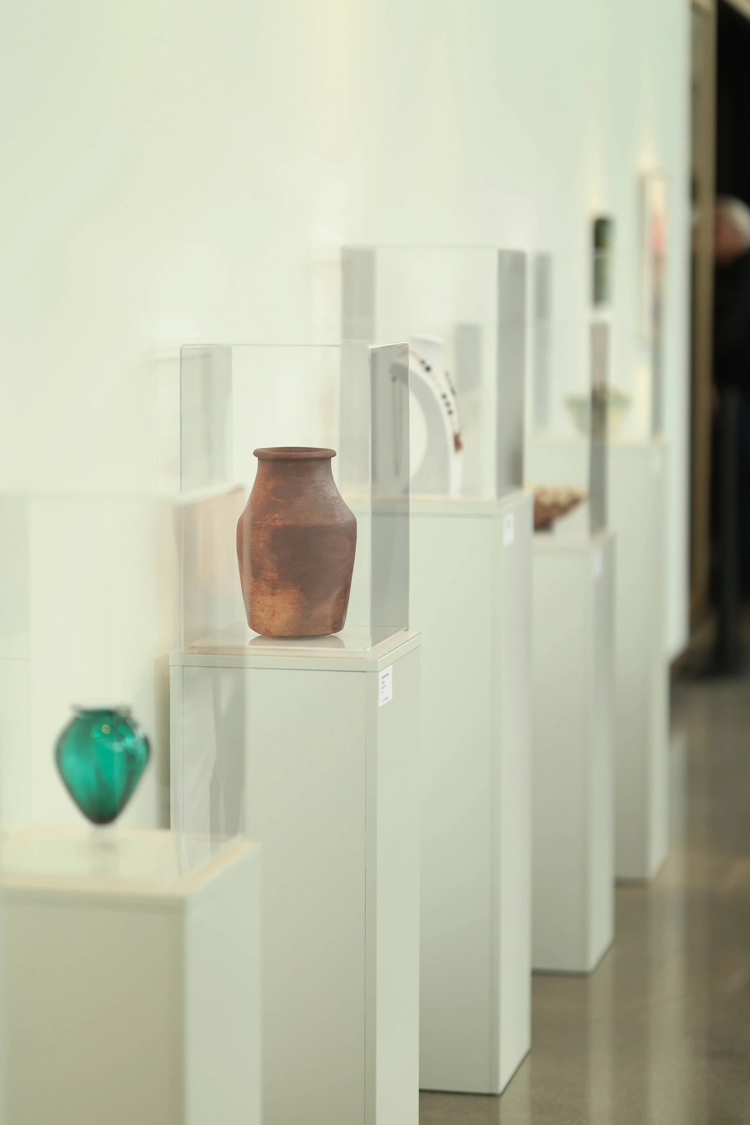 a photo of several items in display cases in an art gallery
