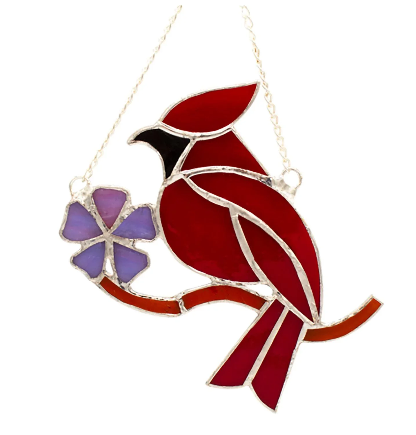 a red cardinal with a purple flower suncatcher
