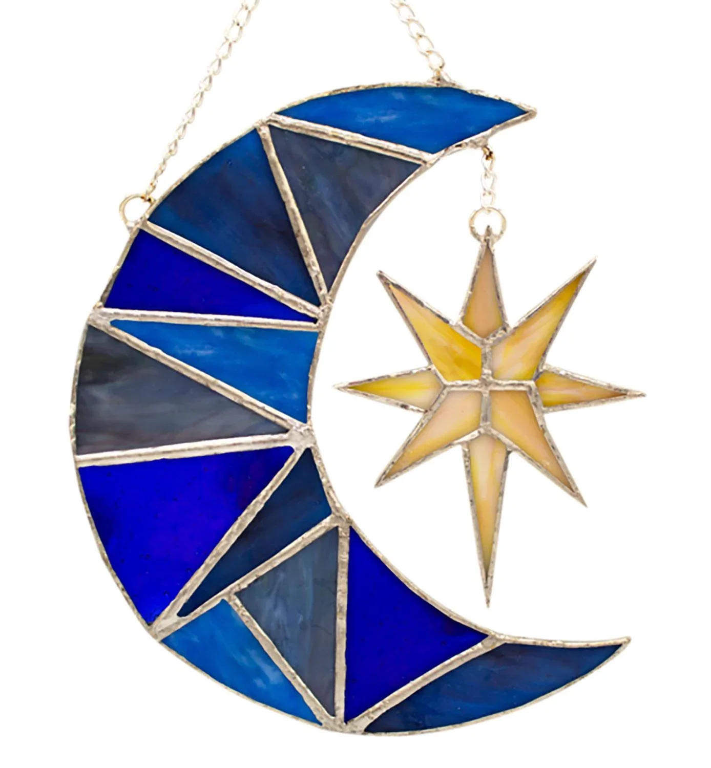 a blue moon with yellow star glass suncatcher