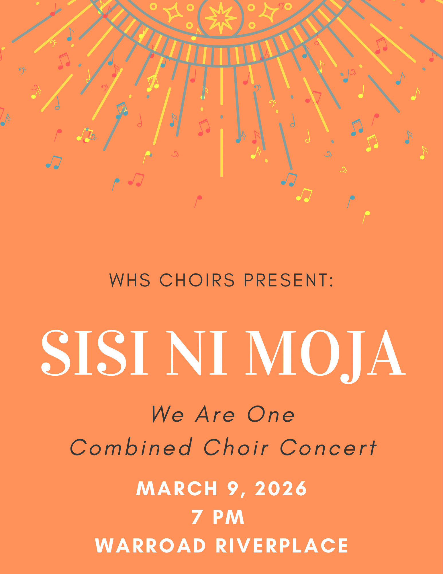 poster for the concert with an orange background and concert details in black and white text with a ray of blue and yellow music notes on top