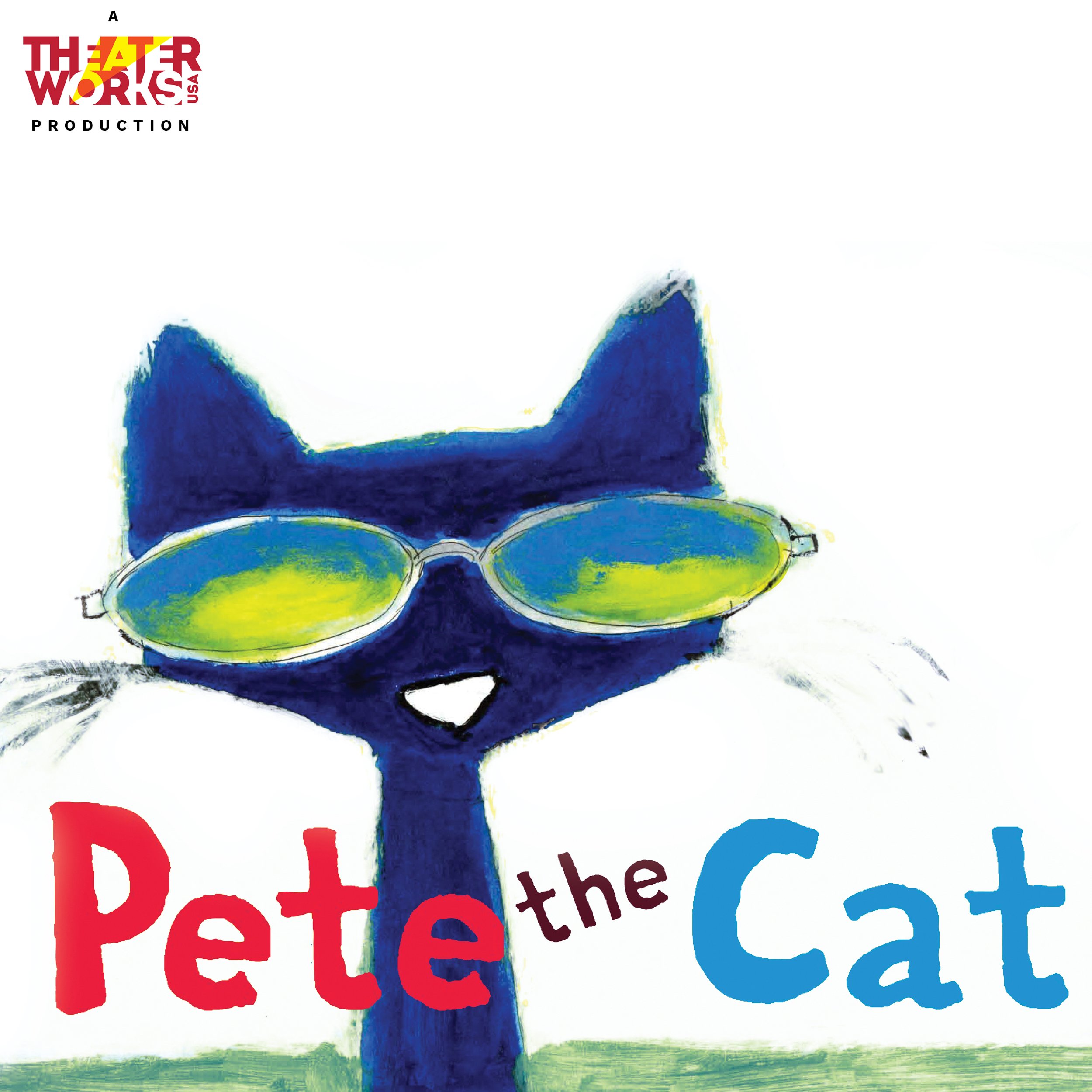 the official logo of Pete the Cat by TheaterWorksUSA featuring a cat wearing sunglasses with the title Pete the Cat
