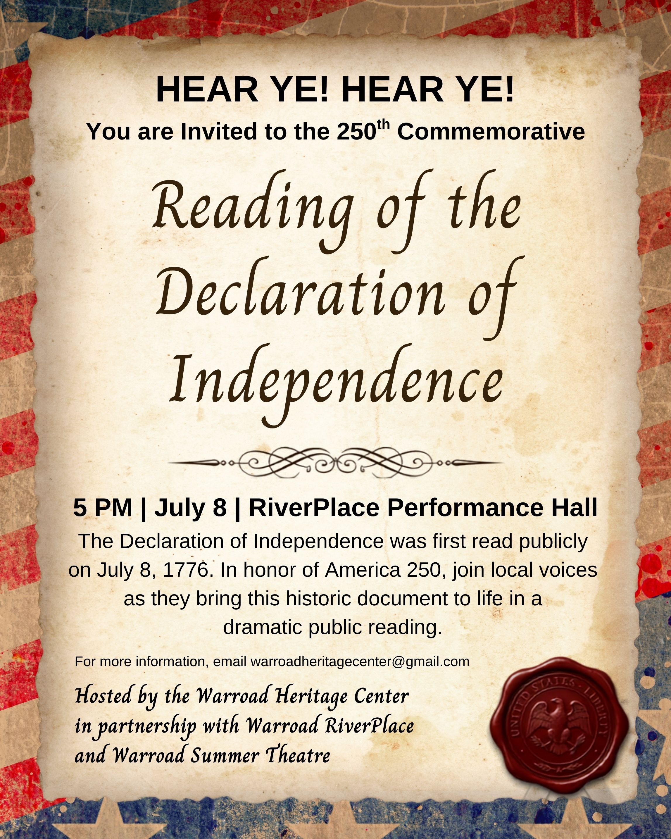 a poster for the Reading of the Declaration of Independence with details outlined on this webpage