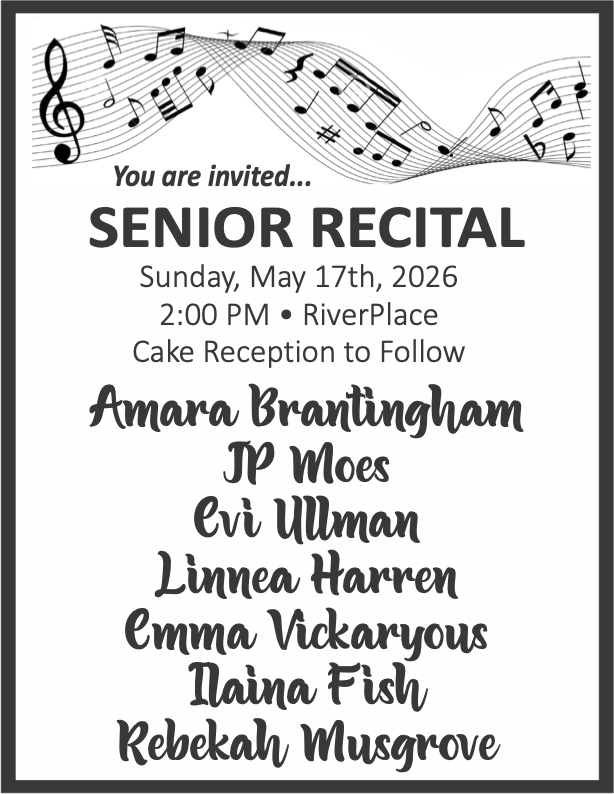 Senior Recital poster with music notes and details listed later in the page