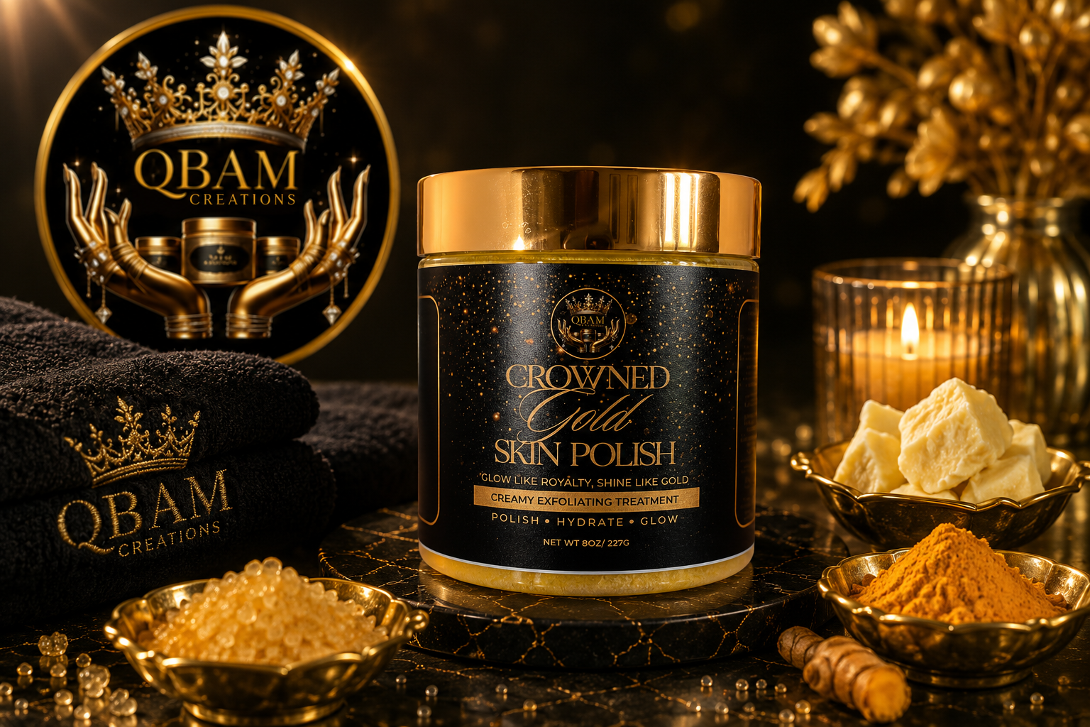 Luxurious gold and black skincare setup.png