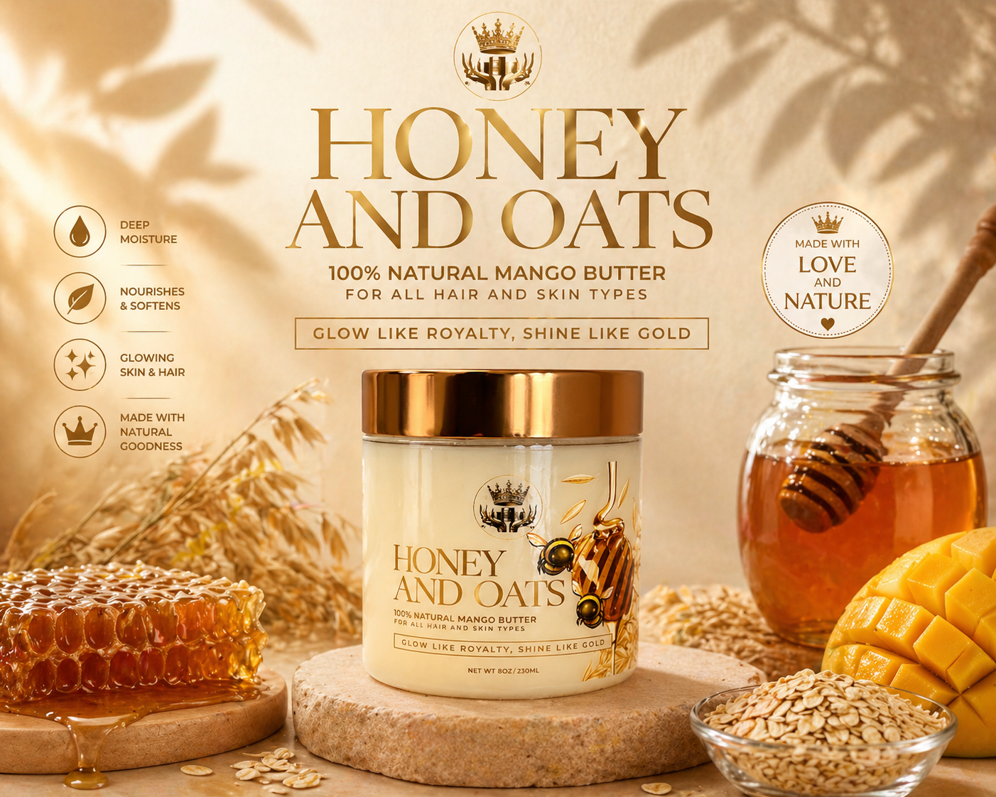 A promotional display for honey and oats moisturizer, featuring a jar of honey and oats cream with honey, oats, and honeycomb around it, and text highlighting its natural ingredients and benefits.