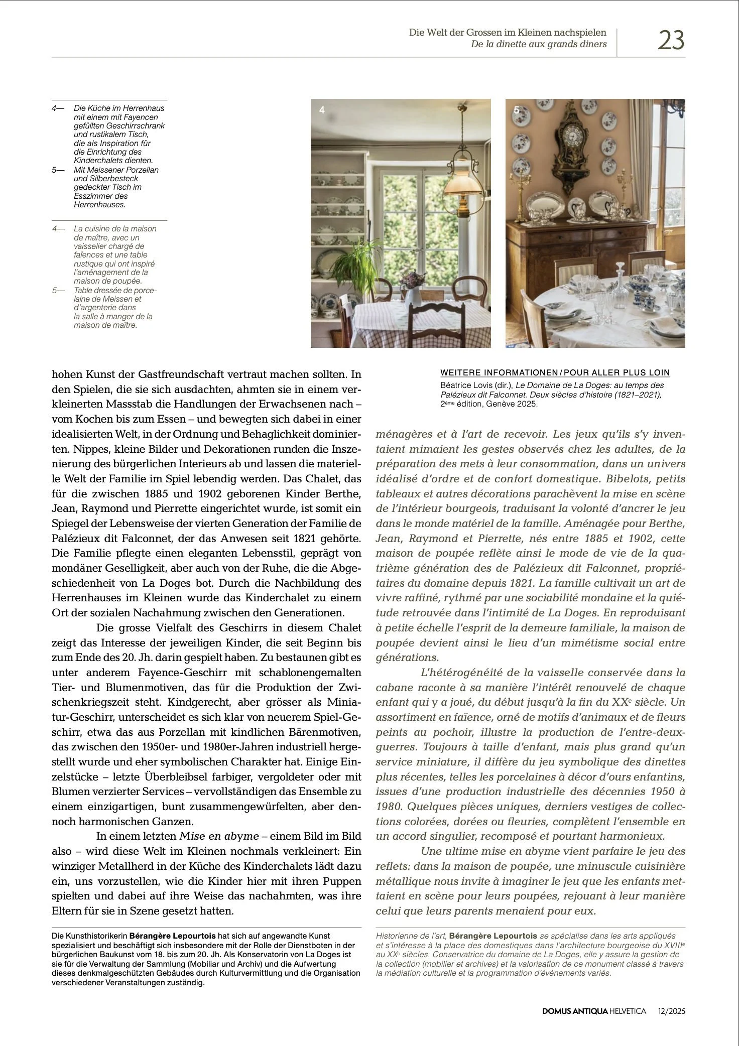 « De la dinette aux grands dîners – Une maison de poupée à La Doges », dans Domus Antiqua Helvetica, 82, 2025.