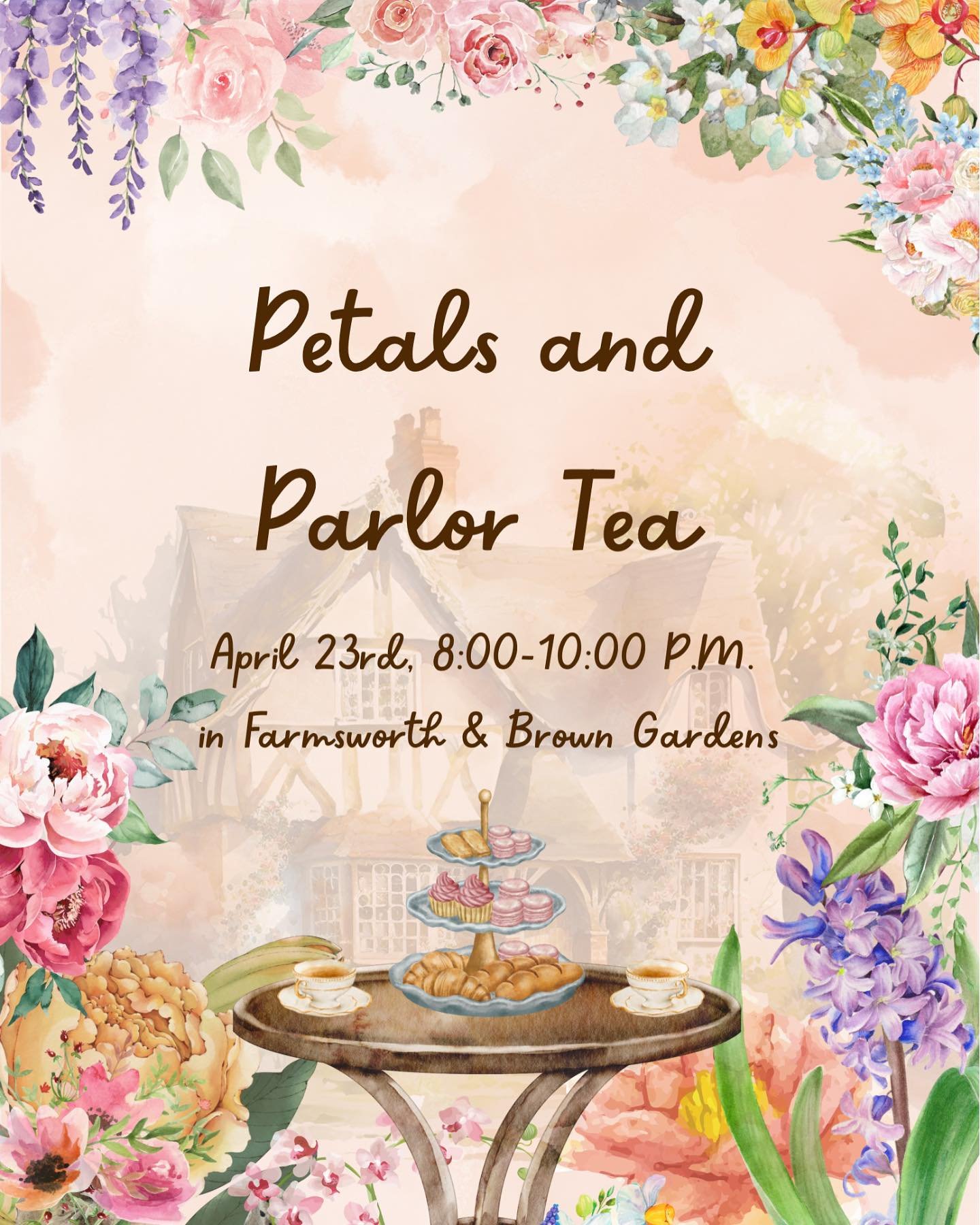 You&rsquo;re invited! High tea season is in full bloom. 🌸Join us for Petals and Parlour Tea on April 23 from 8-10 PM in Farnsworth and Brown Gardens! We&rsquo;ll be designing dreamy flower crowns 👑💐, decorating charming vases, making our own custo