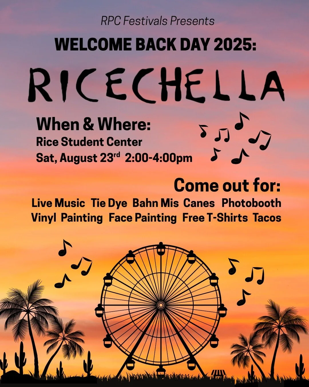 Kick off the school year at Welcome Back Day 2025: Ricechella! 🌞🌴 Come for a lineup you can't miss: live music 🎤, free t-shirts 👕, tacos & bánh mìs 🌮🥖, and creative fun like face painting 🎨, tie dye 🌀👕, vinyl painting 💿, a