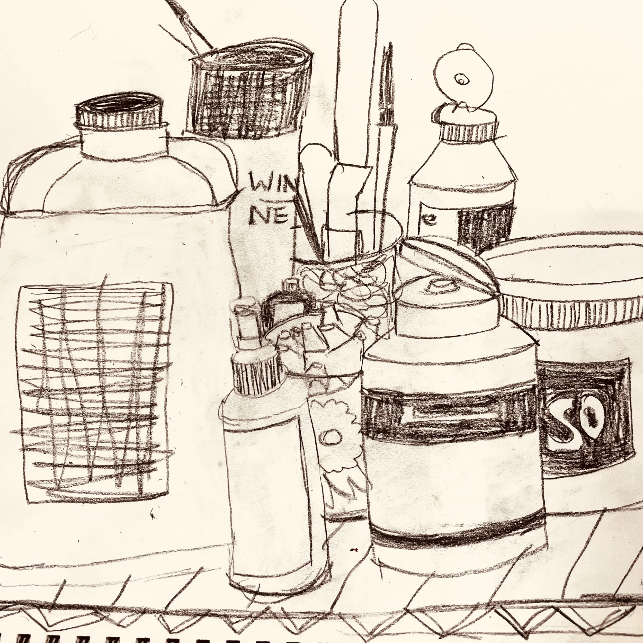 Pen sketch of studio items by artist Surabhi Pandey