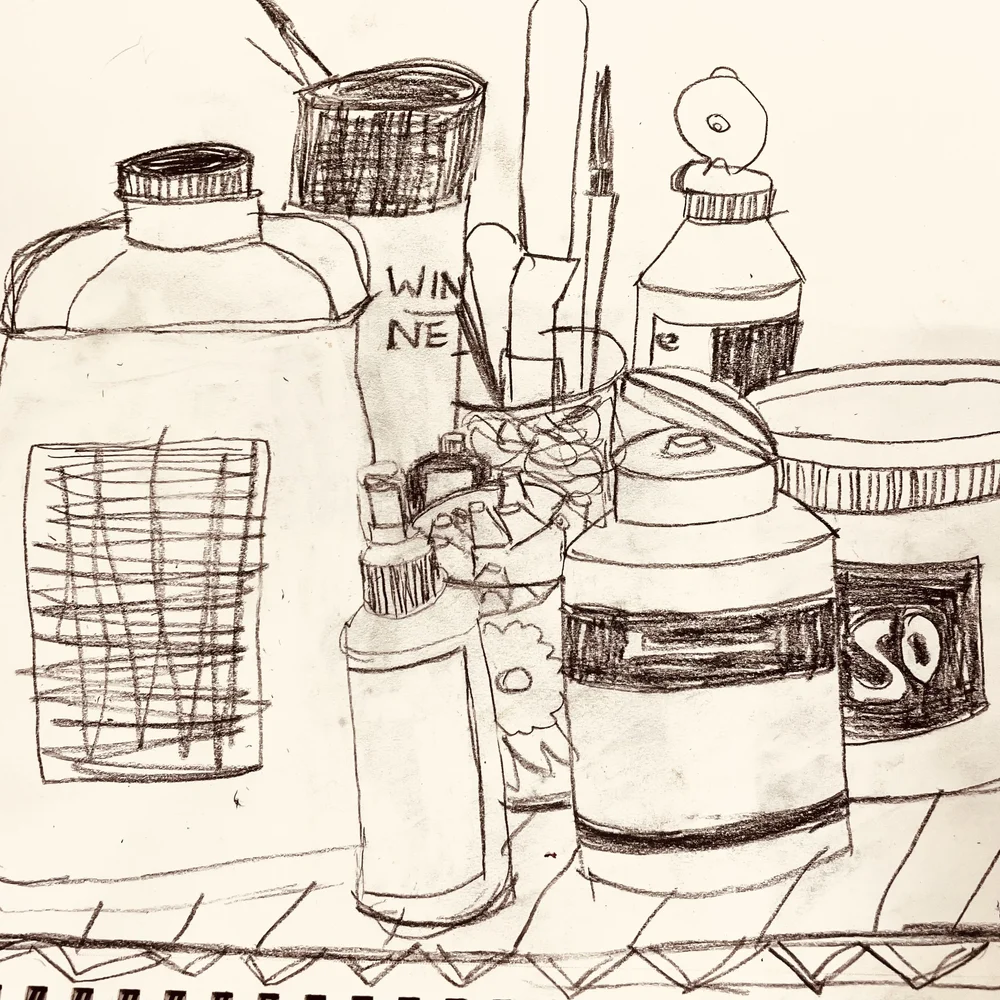 Pen sketch of studio items by artist Surabhi Pandey