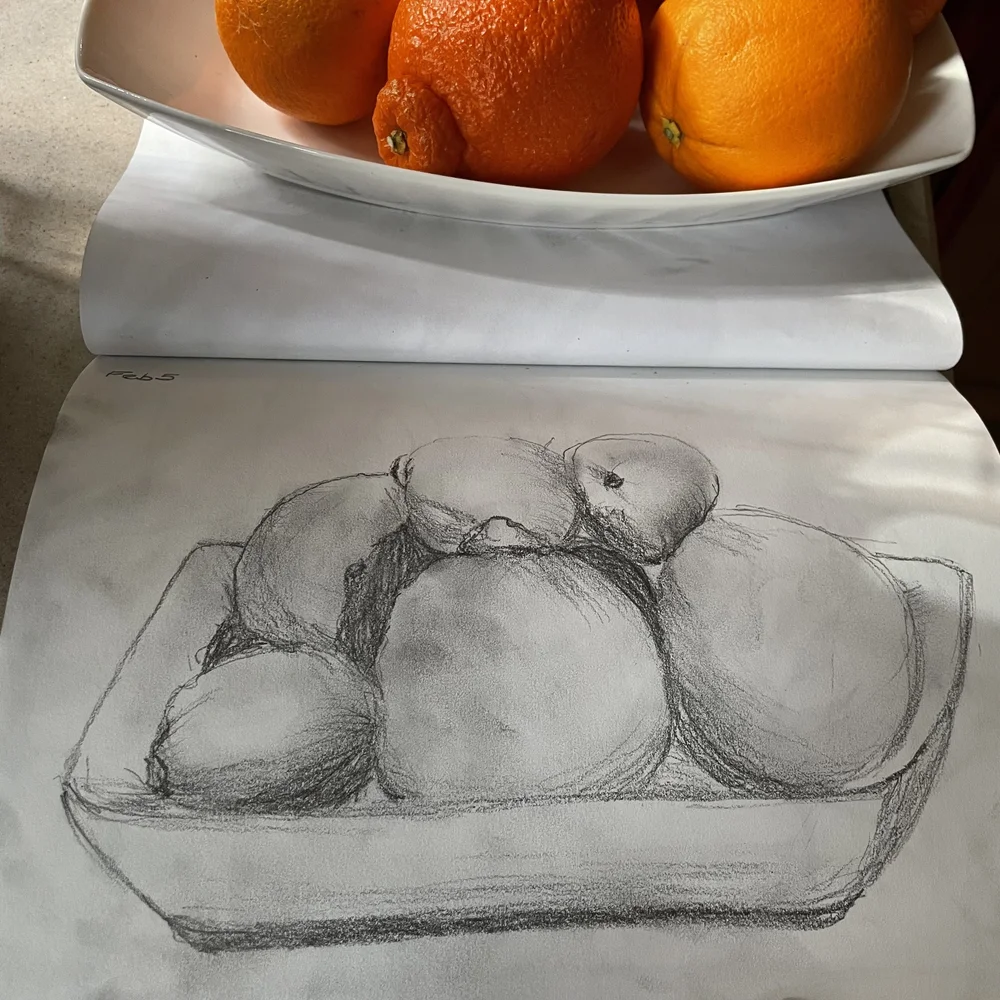 Pencil sketch of a tray of oranges by artist Surabhi Pandey