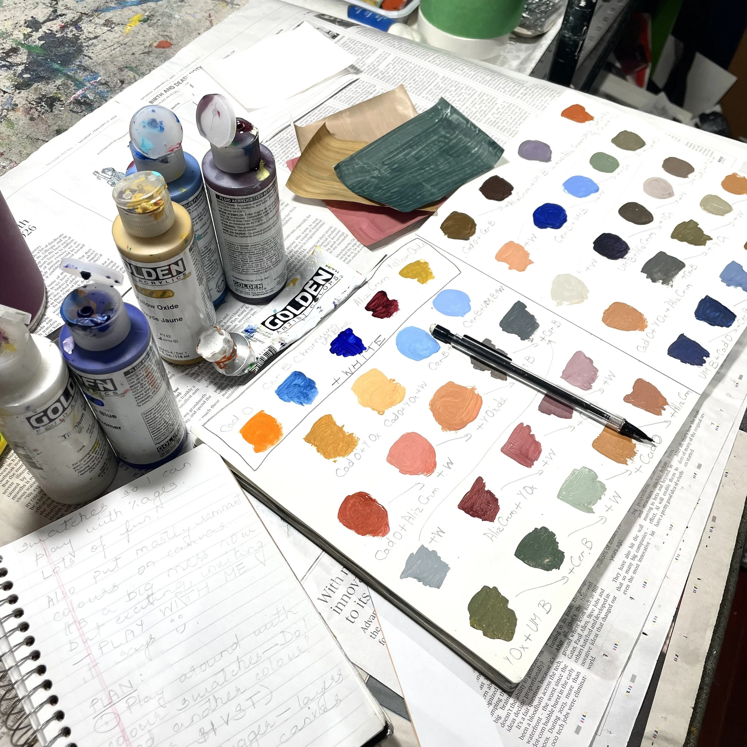 Colour notes in the studio of artist Surabhi Pandey from Toronto, Canada
