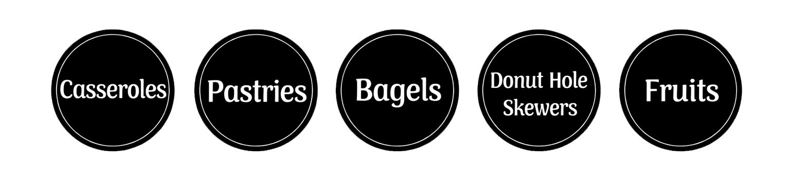 brunch buttons with casseroles, pasteries, bagels, donut hole skewers and fruits in white text