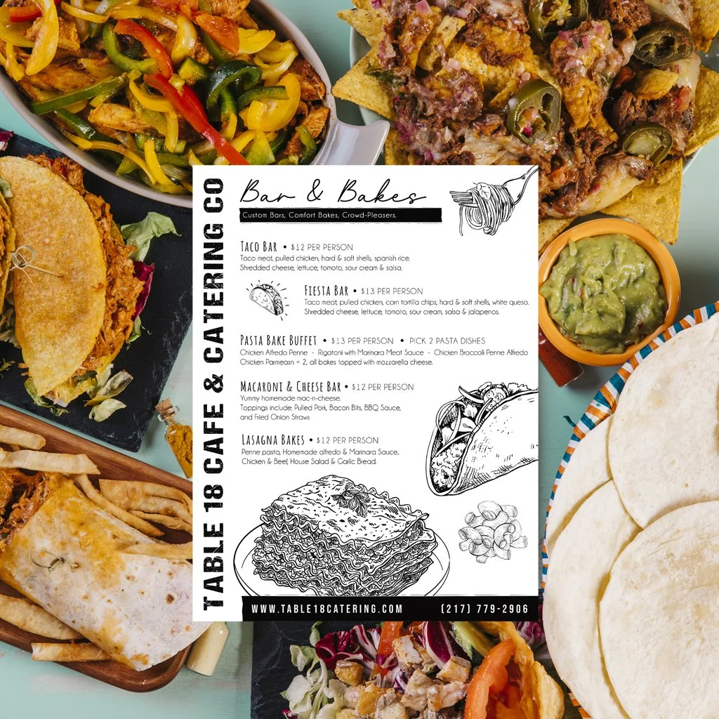 A menu surrounded by various Mexican dishes including tacos, nachos, a burrito, and vegetable stir-fry, from a catering service called Table 18 Cafe & Catering.