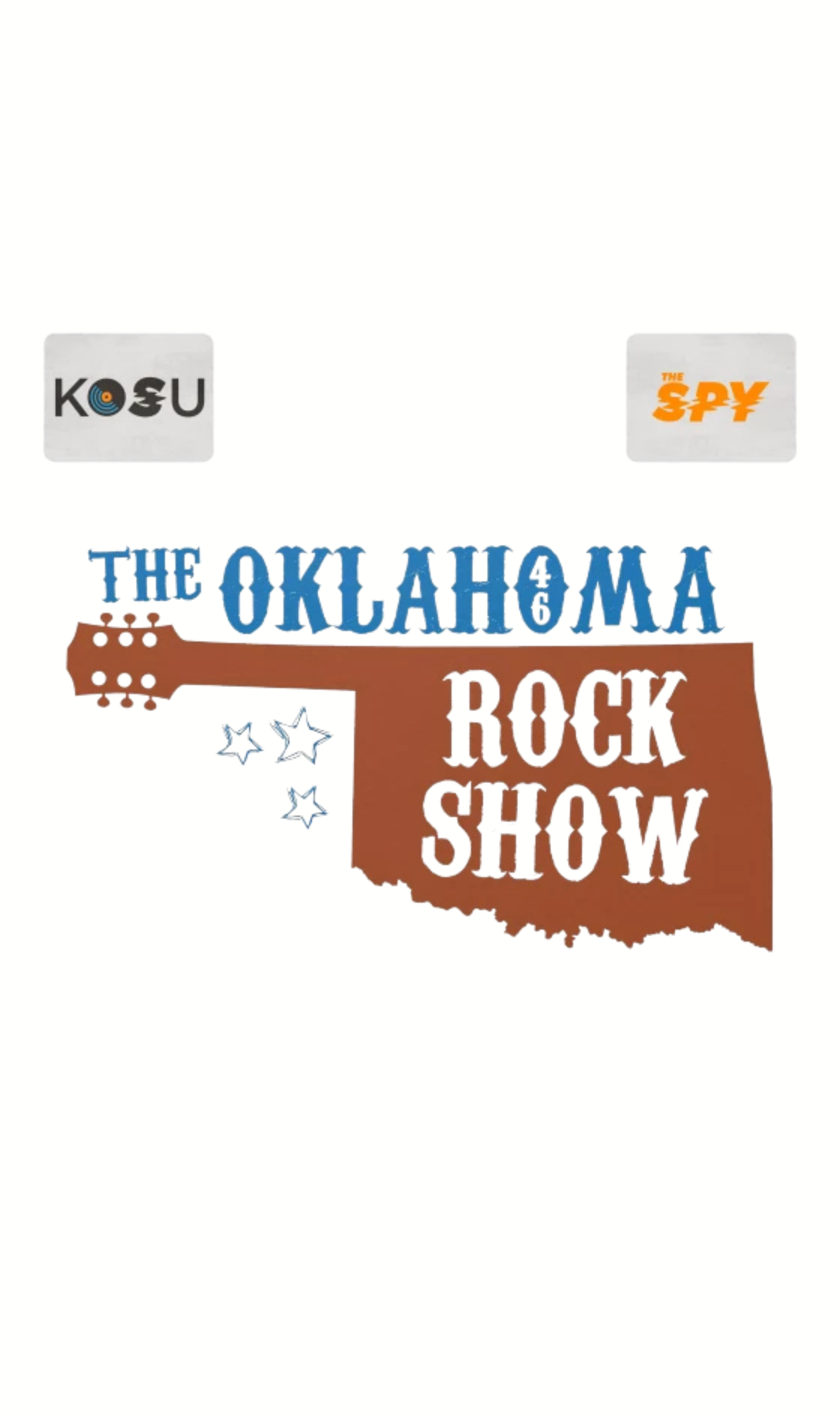 Poster for the Oklahoma 4/6 Rock Show featuring logos for KOSU and The Spy radio stations. The poster includes a stylized guitar with stars, and text in blue, white, and brown.