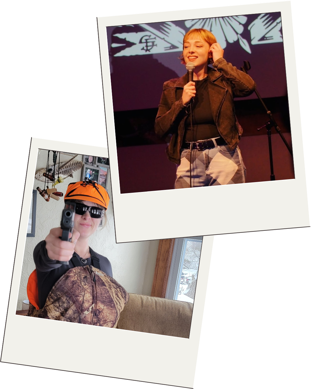 Two photos arranged in a collage. The top photo shows a woman on stage with short blonde hair, holding a microphone and smiling. The background has a large screen with a graphic. The bottom photo shows a woman wearing sunglasses, an orange cap, and camouflage clothing
