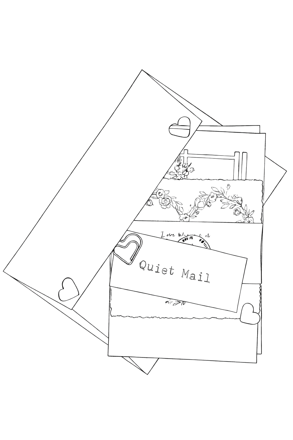 A set of envelopes and greeting cards with hearts and floral designs, labeled "Quiet Mail," posited on a transparent grid background.