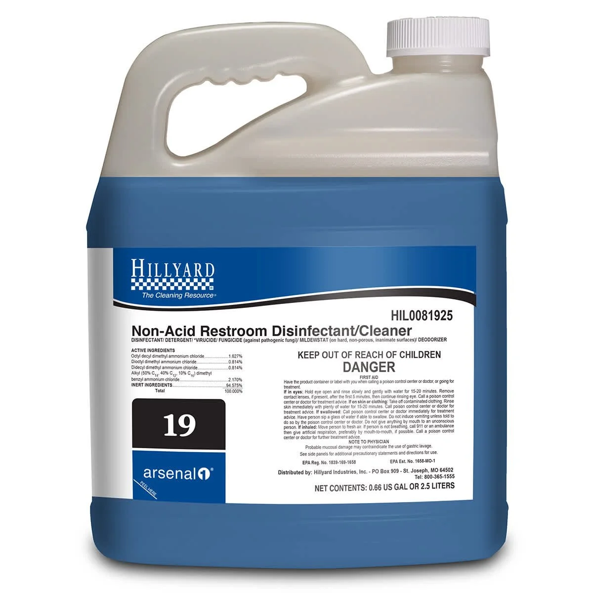 Hillyard, Arsenal® Non-Acid Restroom Disinfectant/Cleaner, 81925, Arsenal® One Dispenser 2.5 Liter Bottle