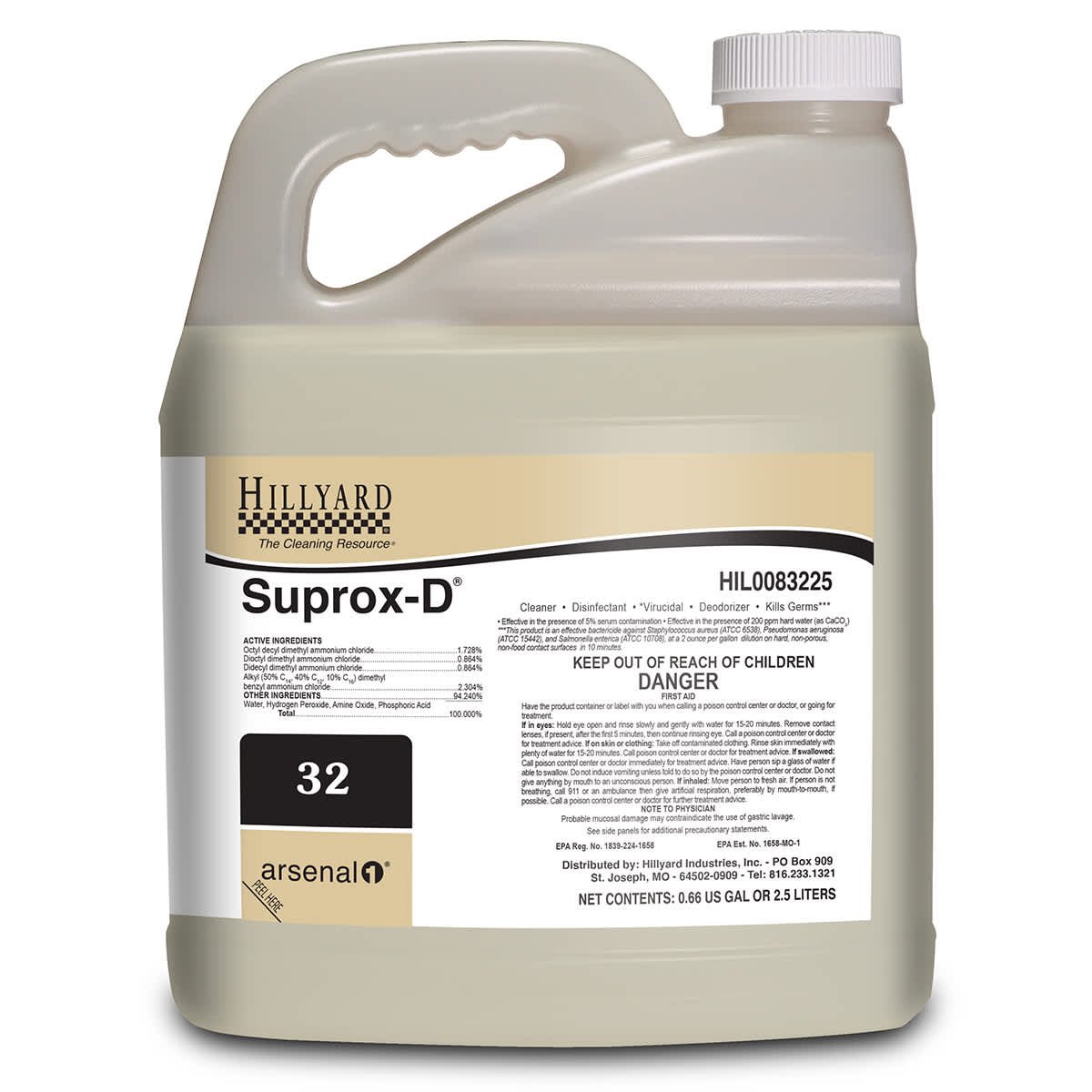 Hillyard, Arsenal® Suprox®-D Disinfectant Cleaner, 83225, Arsenal® One Dispenser 2.5 Liter Bottle