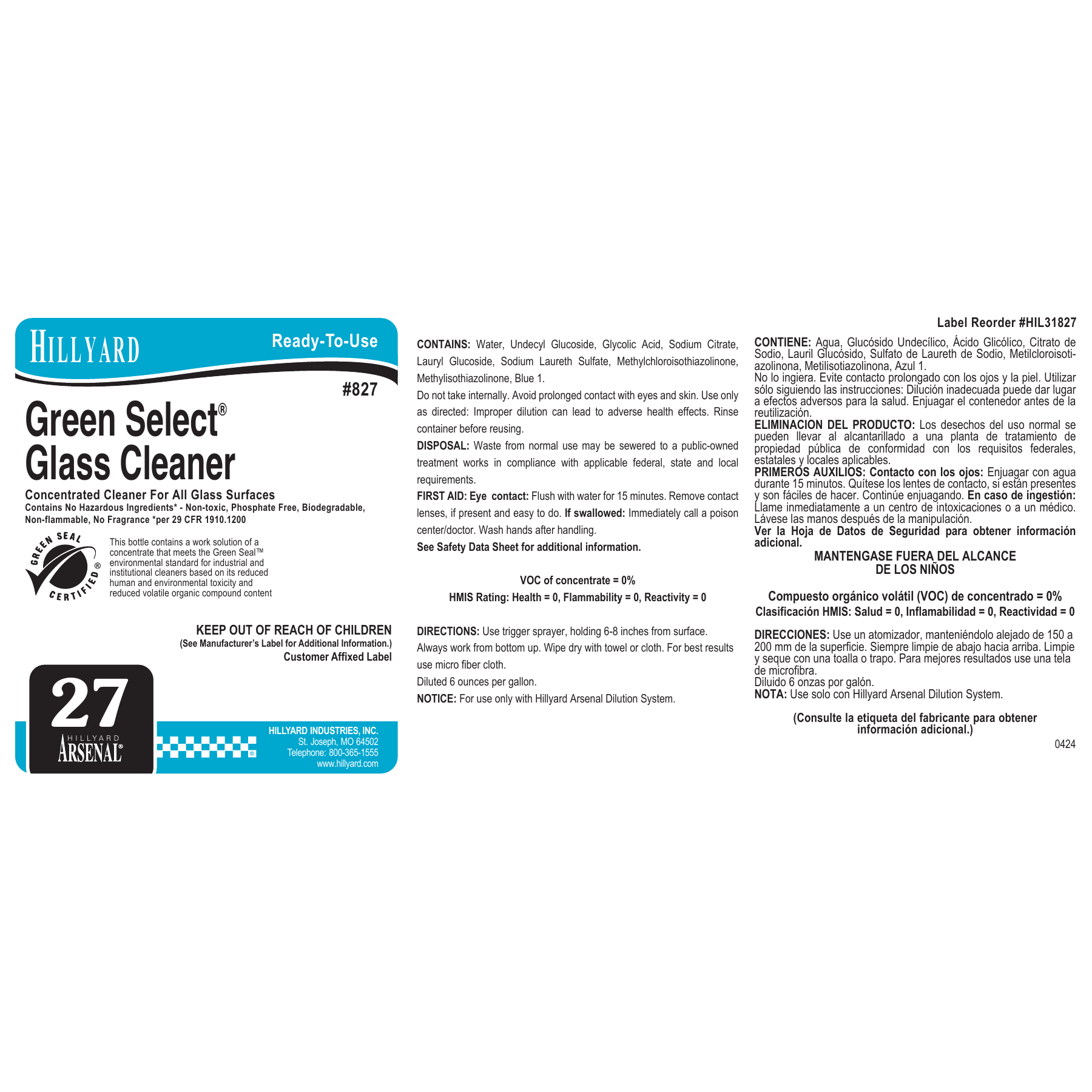 Green Select® Glass Cleaner (82725) RTU Labels — 25 Pack